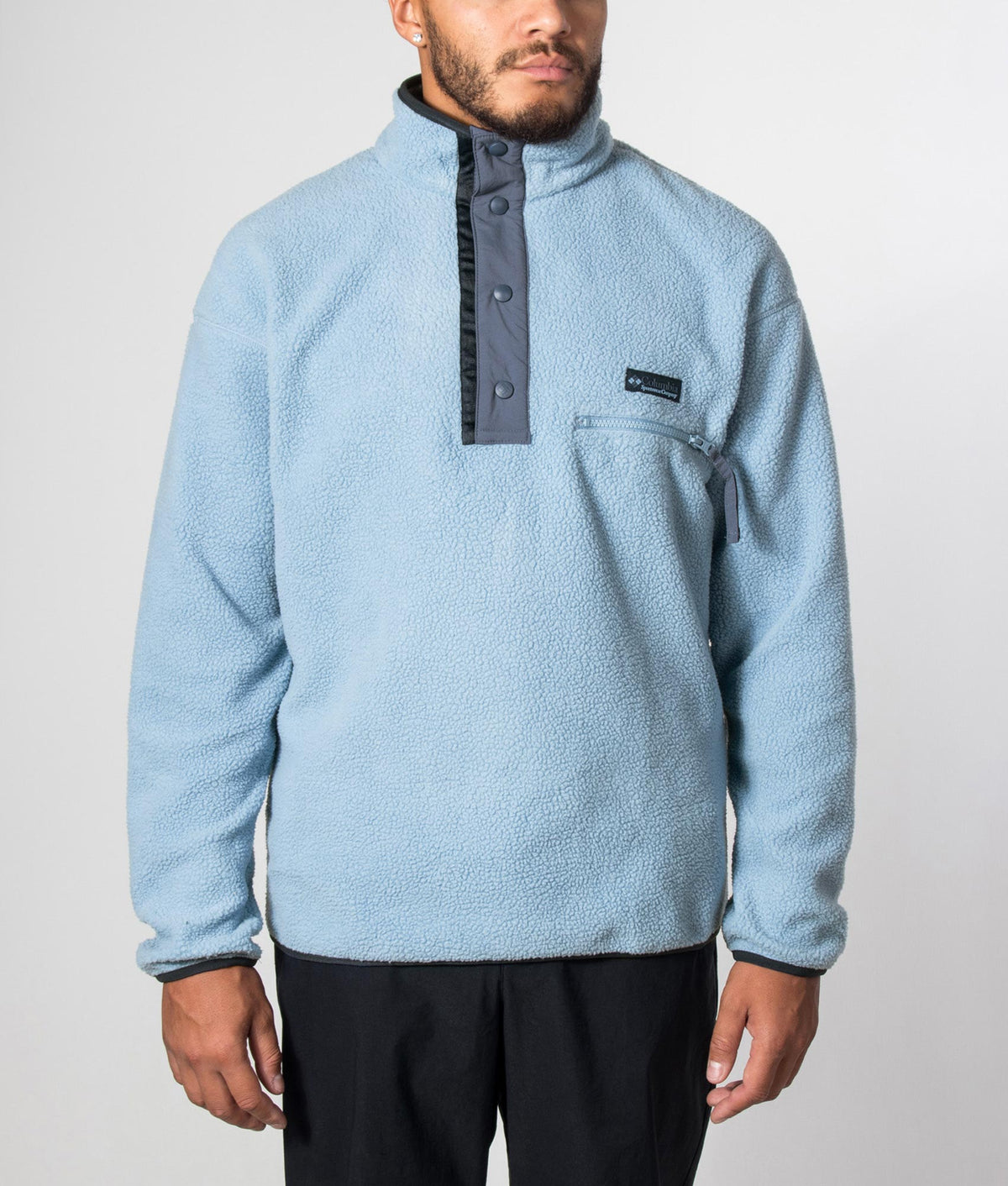 Columbia Regular Fit Helvetia II Half Snap Fleece in Rainy Day at EQVVS Menswear. Model front shot.
