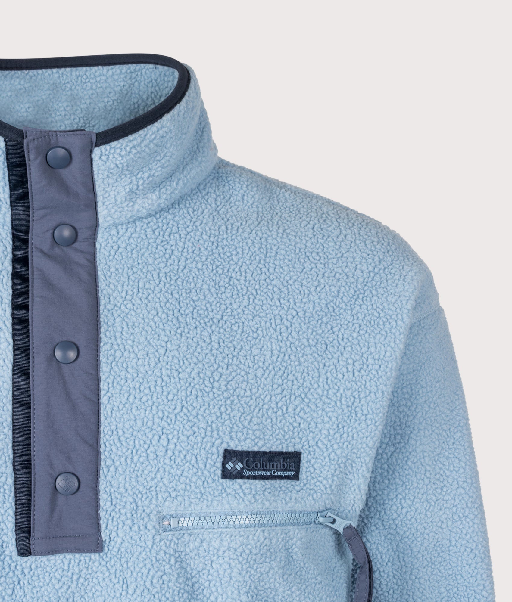 Columbia Regular Fit Helvetia II Half Snap Fleece in Rainy Day at EQVVS Menswear. Detail shot.