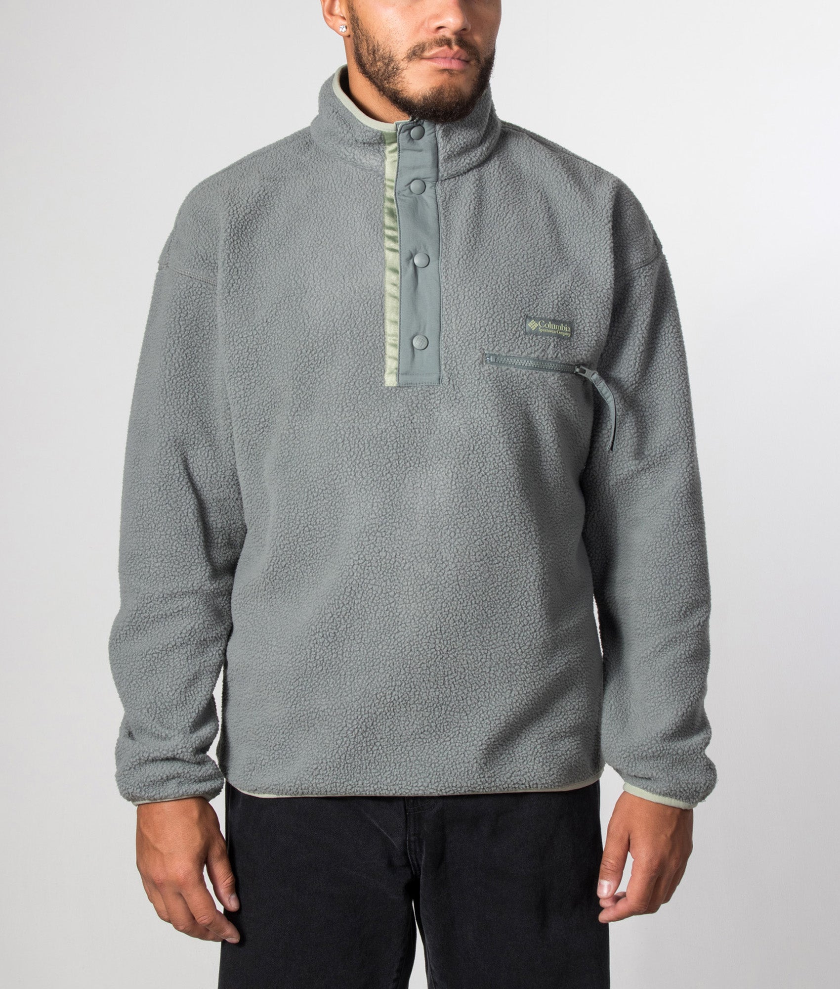 Columbia Regular Fit Helvetia II Half Snap Fleece in Sedona Sage at EQVVS Menswear. Model front shot.