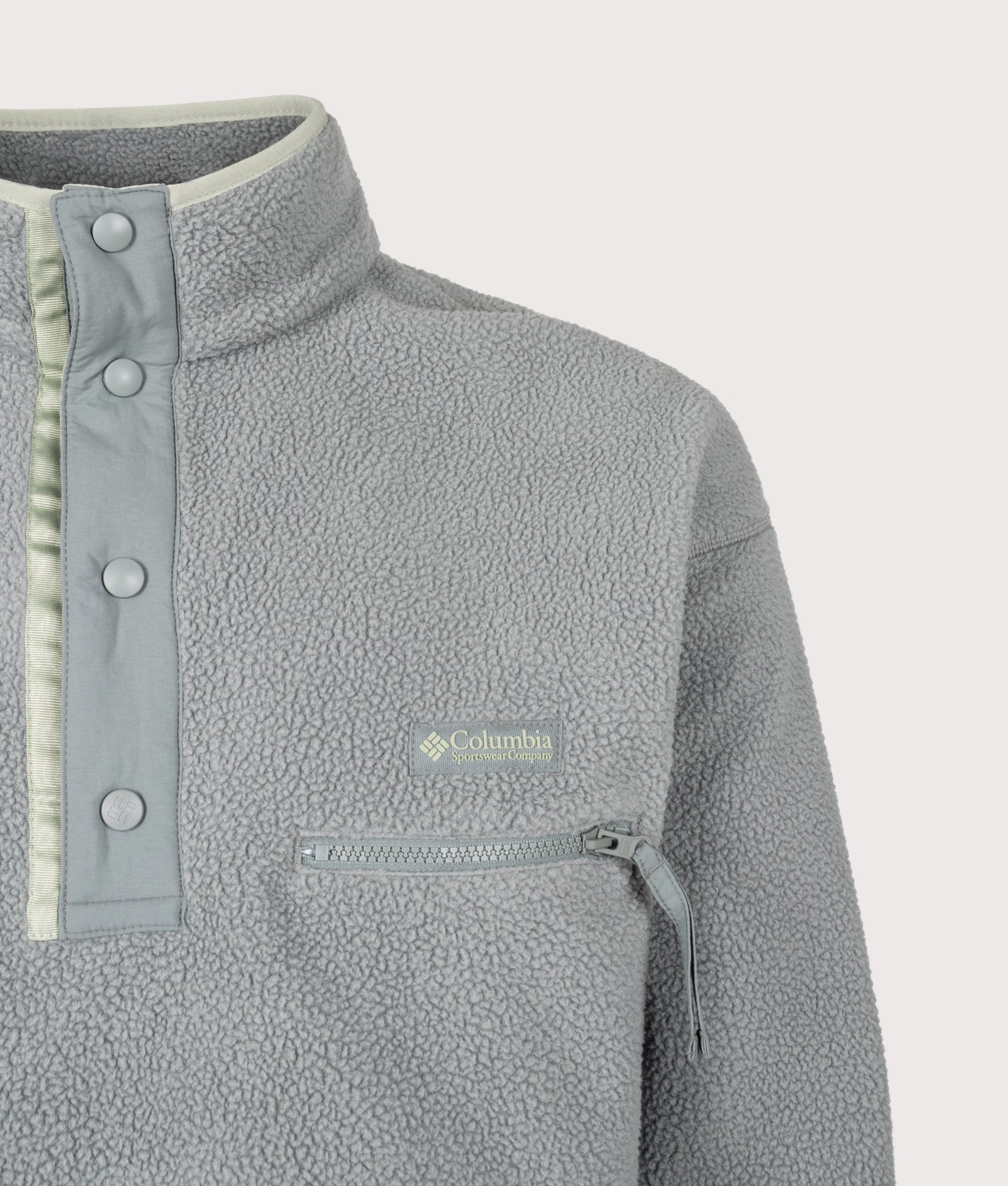 Columbia Regular Fit Helvetia II Half Snap Fleece in Sedona Sage at EQVVS Menswear. Detail shot.