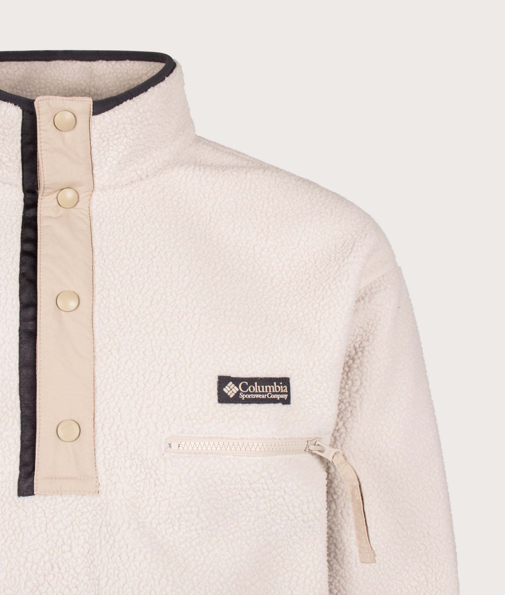 Columbia Regular Fit Helvetia II Half Snap Fleece in Dark Stone at EQVVS Menswear. Detail shot.