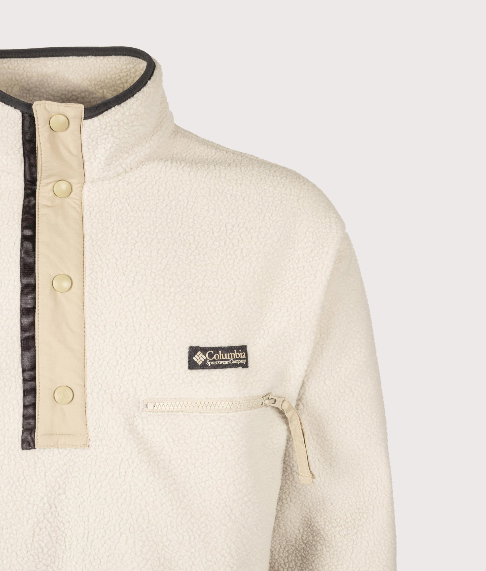 Columbia Regular Fit Helvetia II Half Snap Fleece in Dark Stone at EQVVS Menswear. Detail shot.