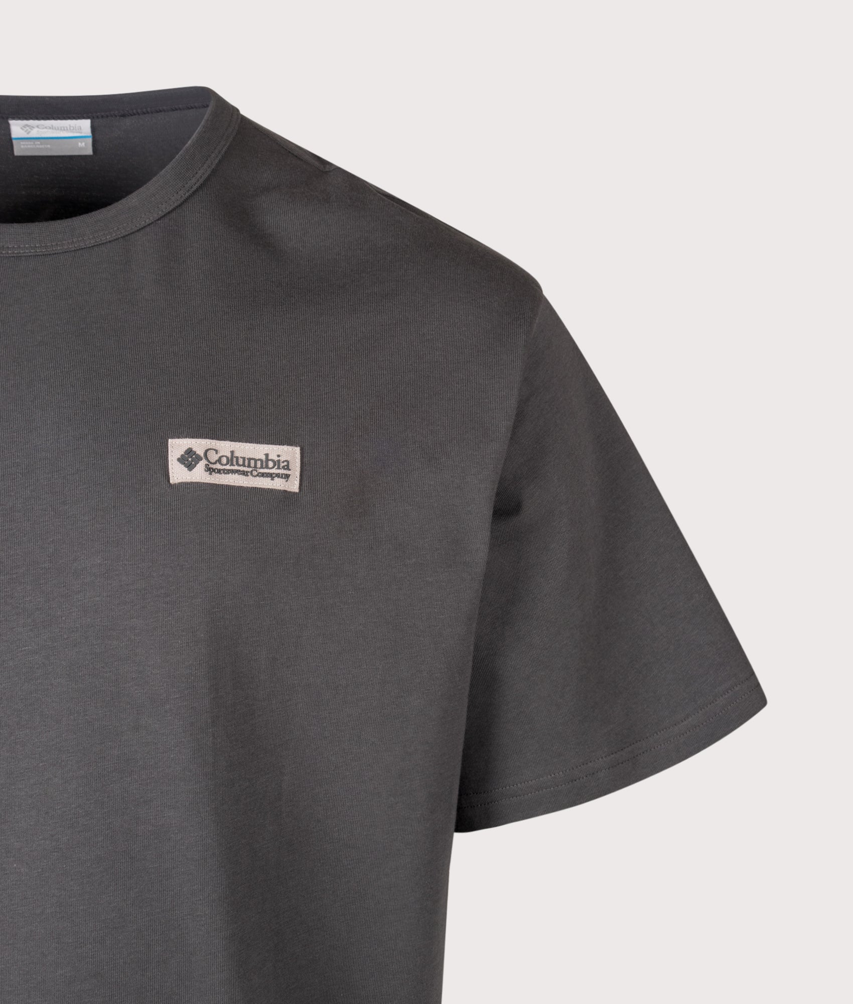 Columbia Relaxed Fit CSC Heavyweight Back Graphic T-Shirt in Shark/CSC Box Logo at EQVVS Menswear. Detail shot.