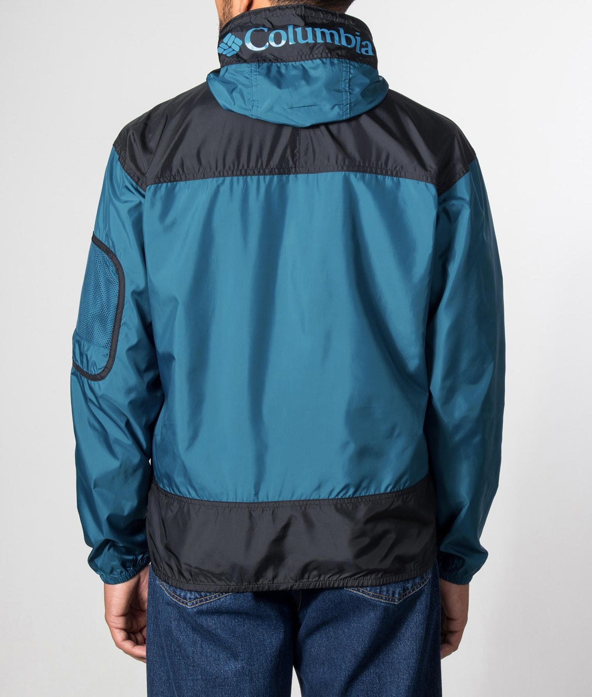 Columbia Regular Fit Challenger II Windbreaker in Phoenix Blue and Black at EQVVS Menswear. Back shot.