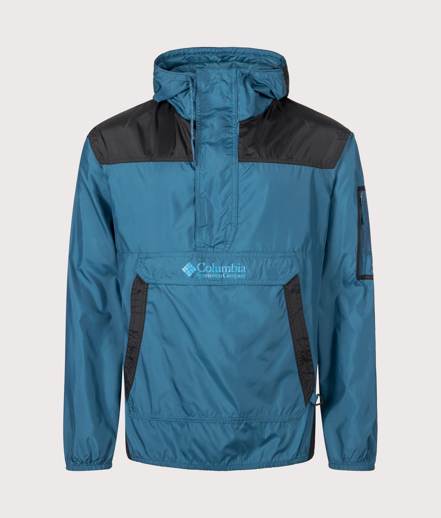 Columbia Regular Fit Challenger II Windbreaker in Phoenix Blue and Black at EQVVS Menswear. Detail shot.