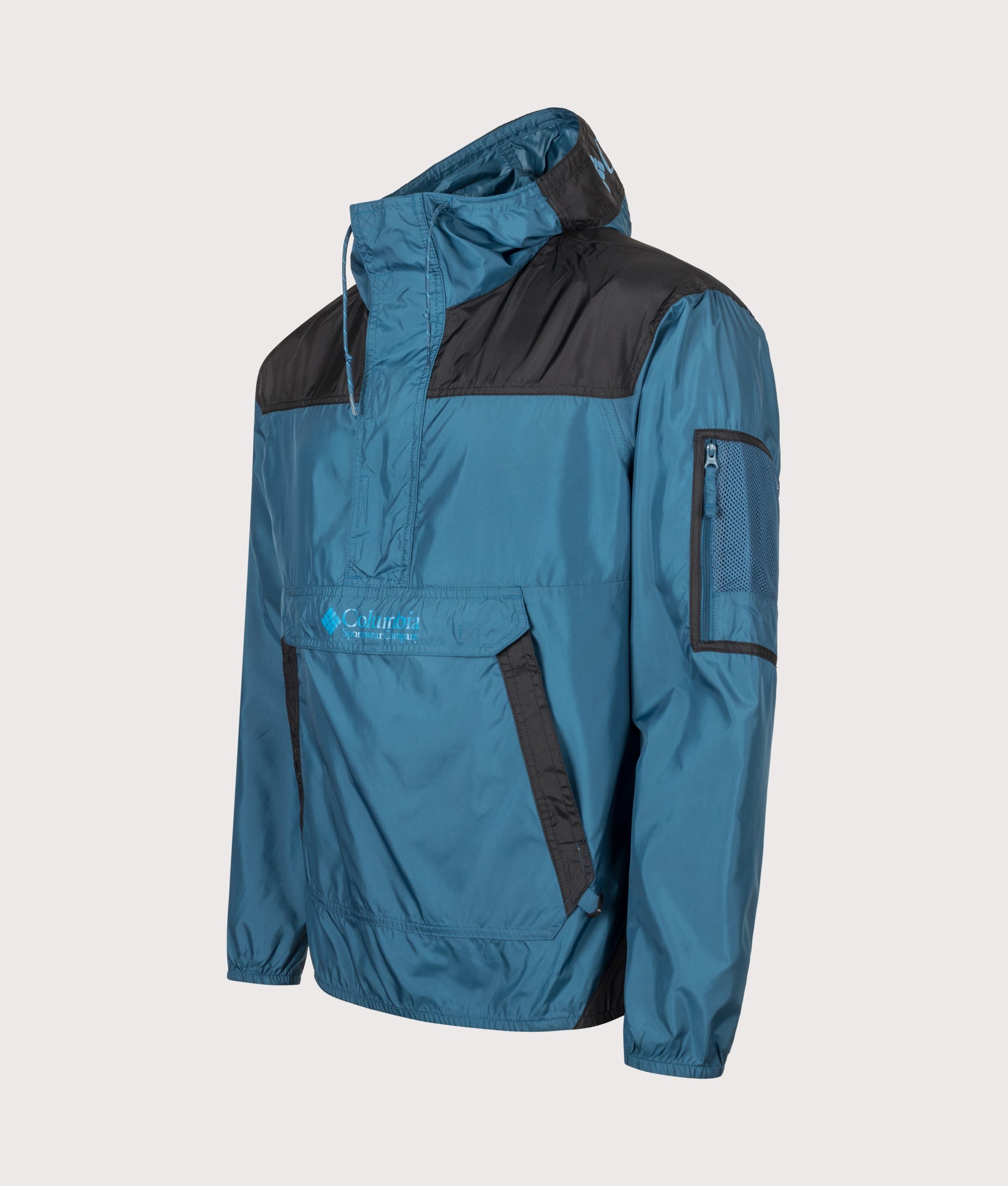 Columbia Regular Fit Challenger II Windbreaker in Phoenix Blue and Black at EQVVS Menswear. Angled front shot.