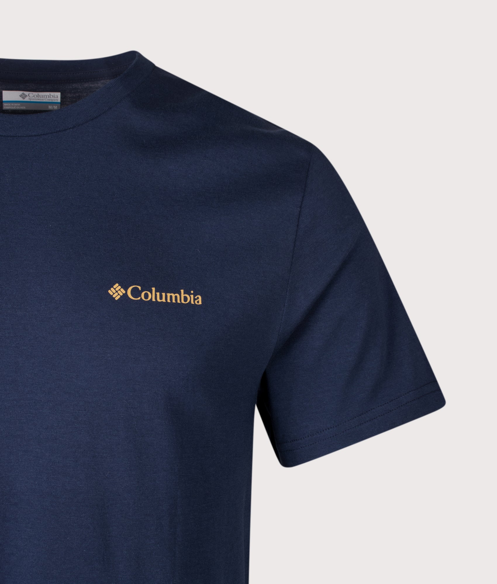 Columbia Regular Fit CSC Logo Back T-Shirt in Collegiate Navy/Boxy Brand at EQVVS Menswear. Detail shot.