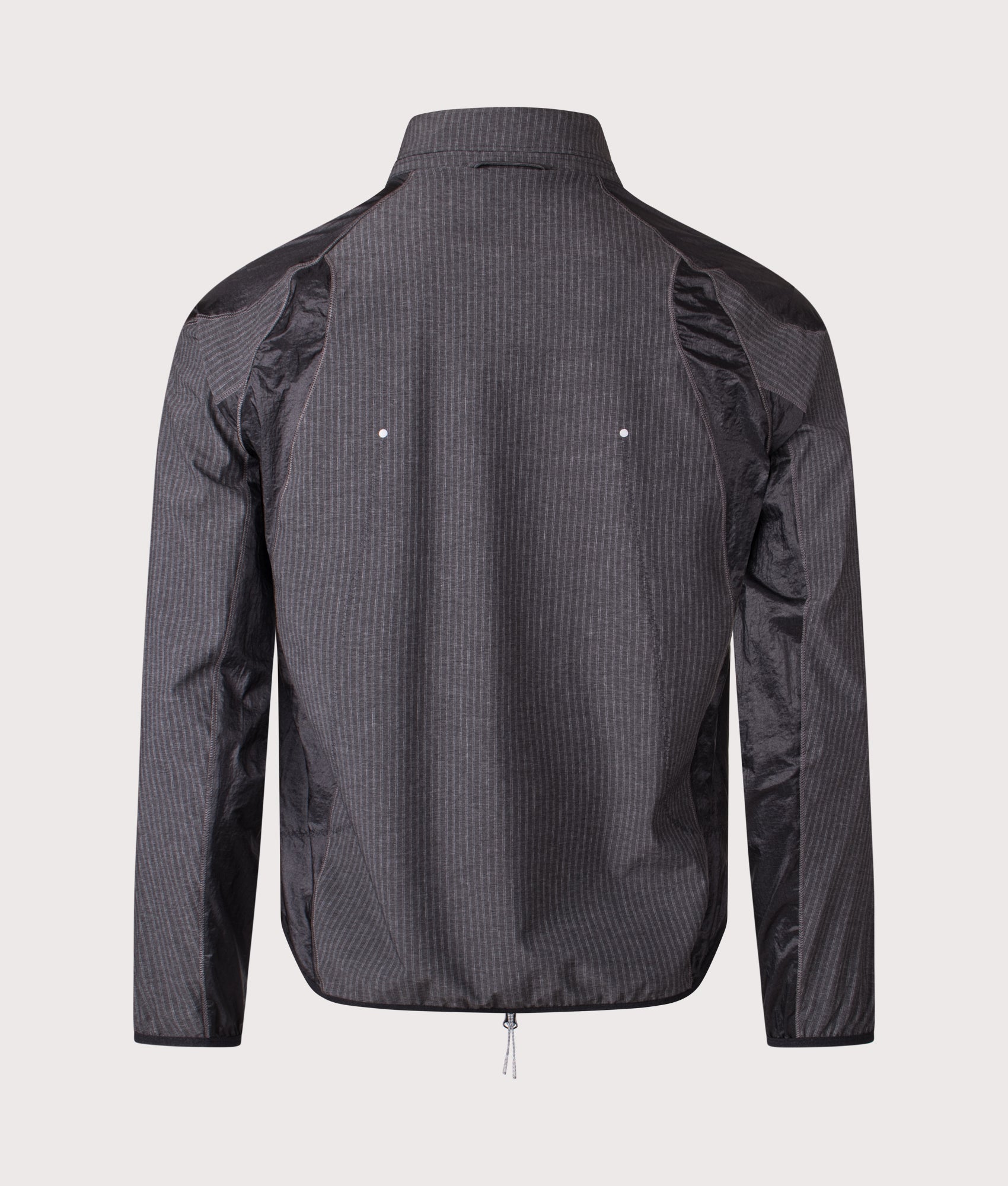 ROA Numb Pinstriped Hooded Wind Jacket in Black at EQVVS Menswear.  Back shot.