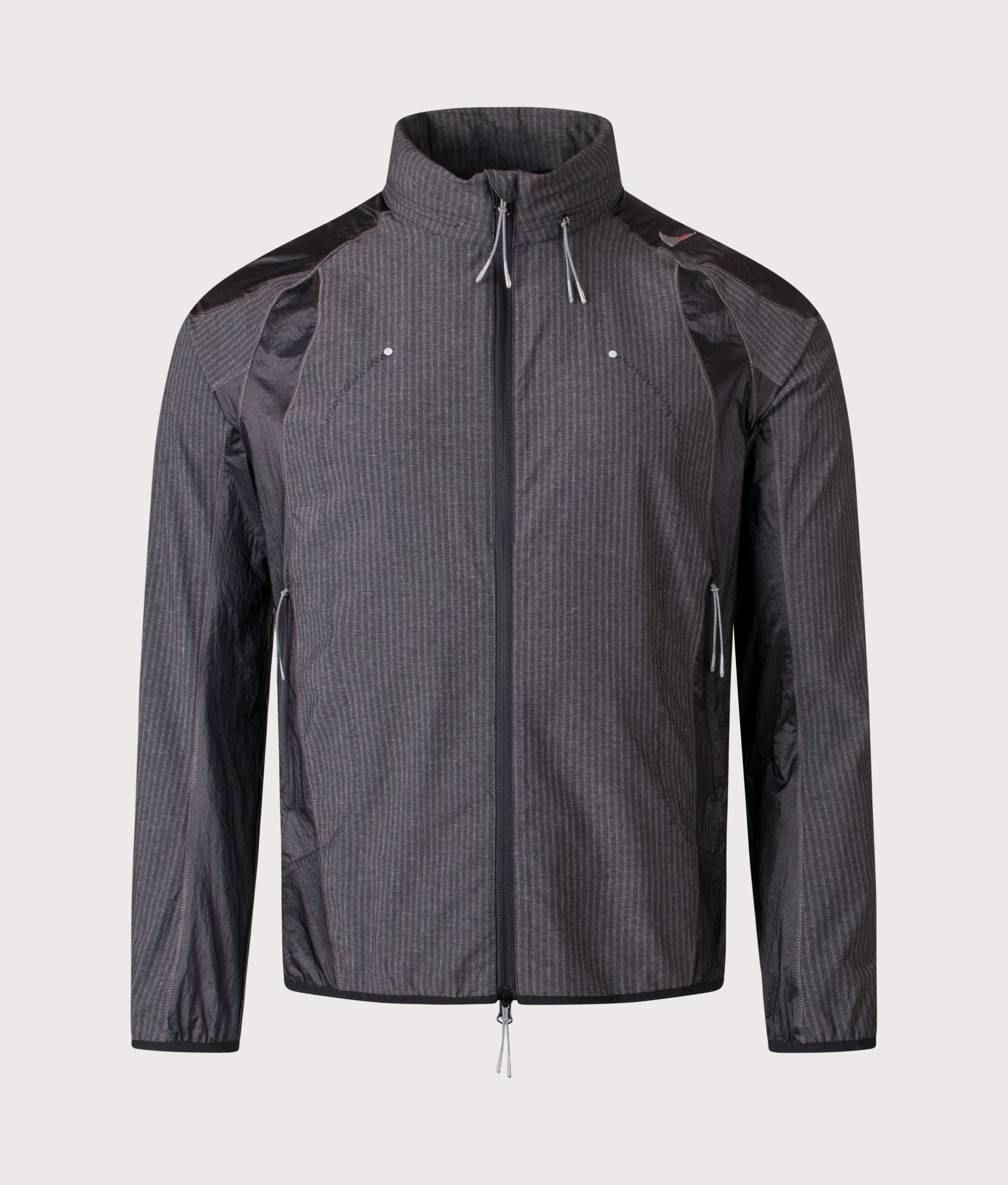 ROA Numb Pinstriped Hooded Wind Jacket in Black at EQVVS Menswear. Front shot.