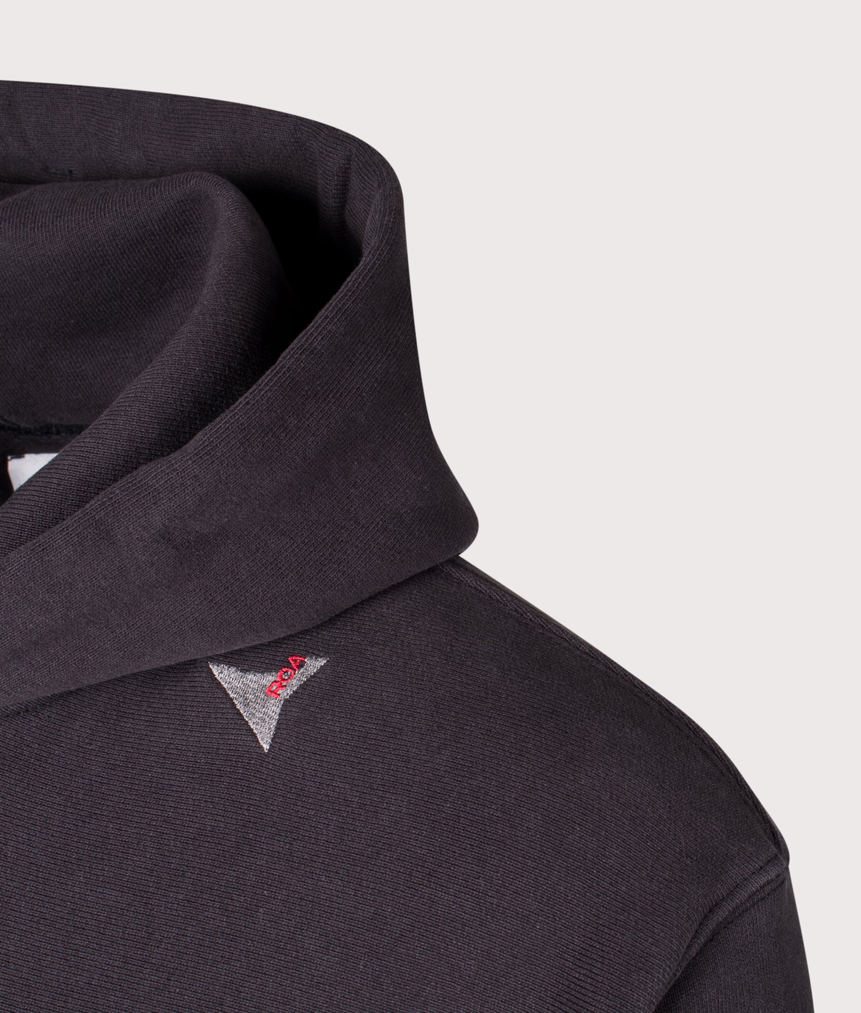 Logo Hoodie in Washed Black by ROA. Shot by EQVVS. Detail shot.