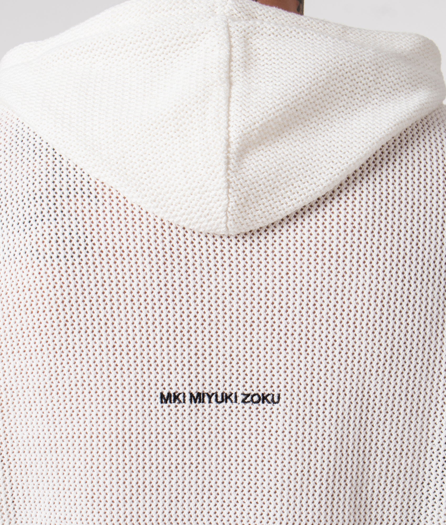Oversized Loose Gauge Hoodie in Off White by MKI MIYUKI ZOKU. EQVVS Detail Model Shot.