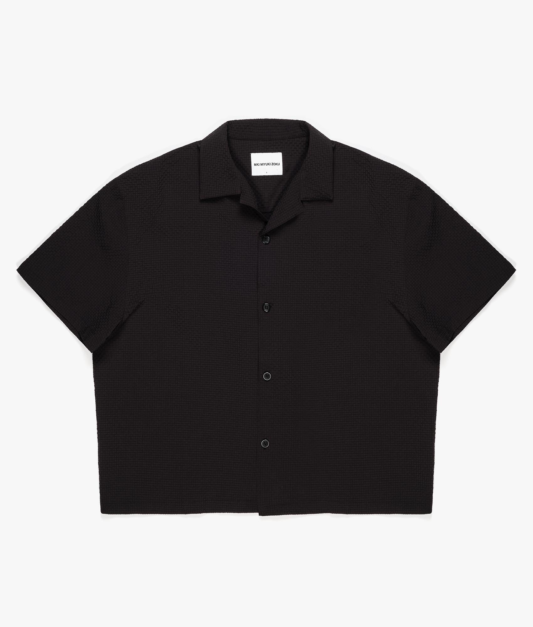 Oversized Seersucker Vacation Shirt in Black by MKI MIYUKI ZOKU. EQVVS Front Flat Shot. 