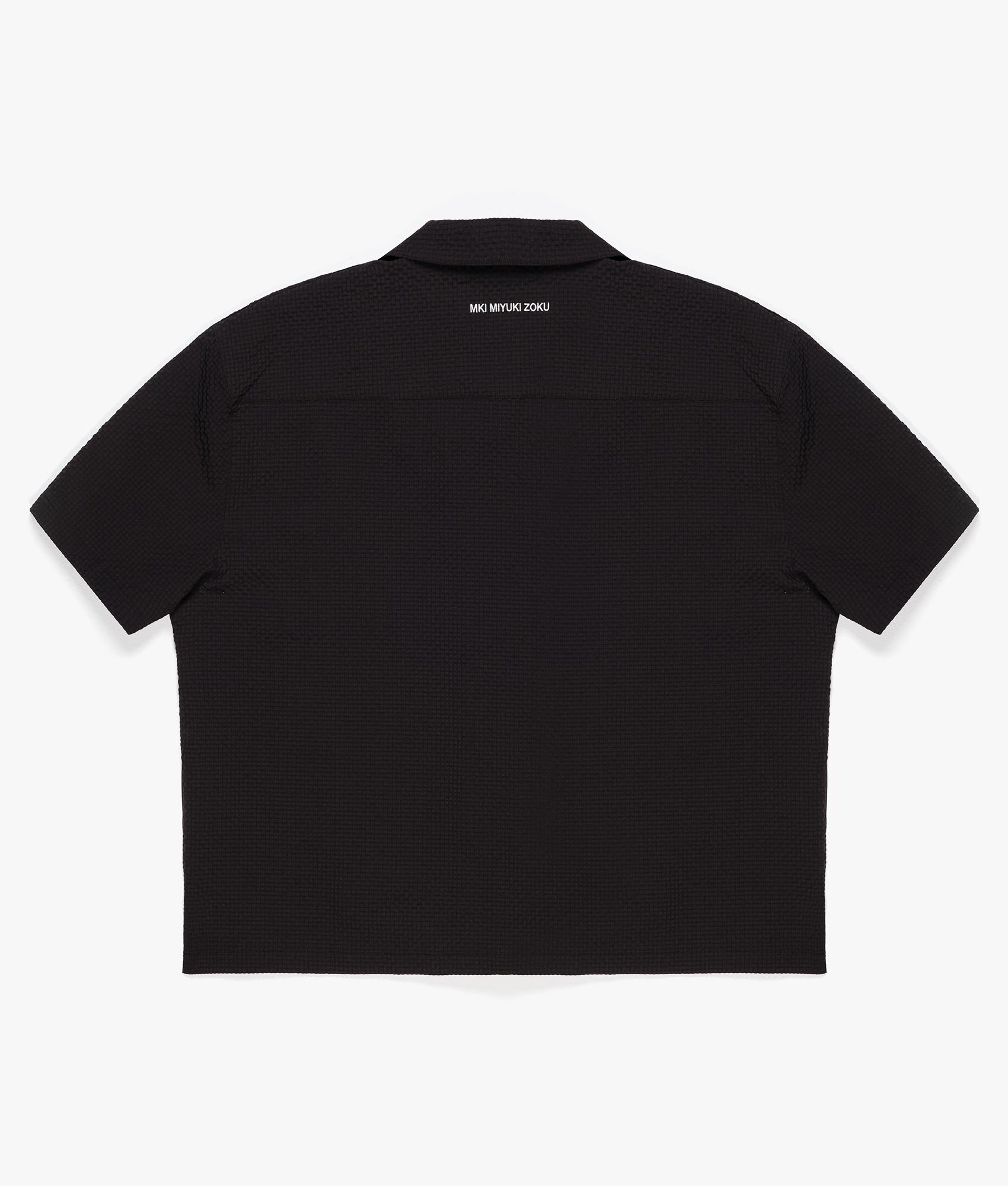 Oversized Seersucker Vacation Shirt in Black by MKI MIYUKI ZOKU. EQVVS Back Flat Shot.