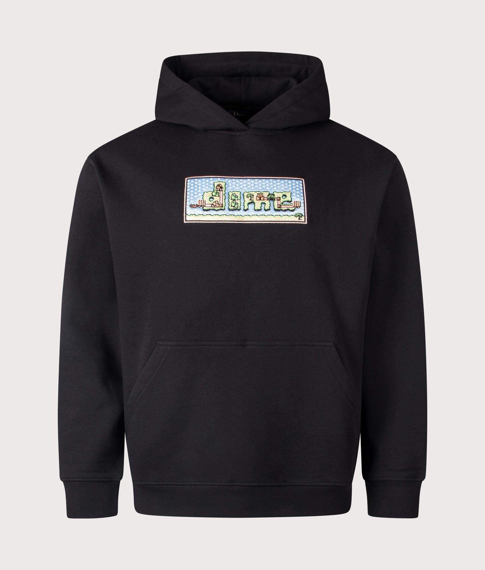 Dime World Hoodie in Black by Dime MTL at EQVVS. Front Angle Shot. 