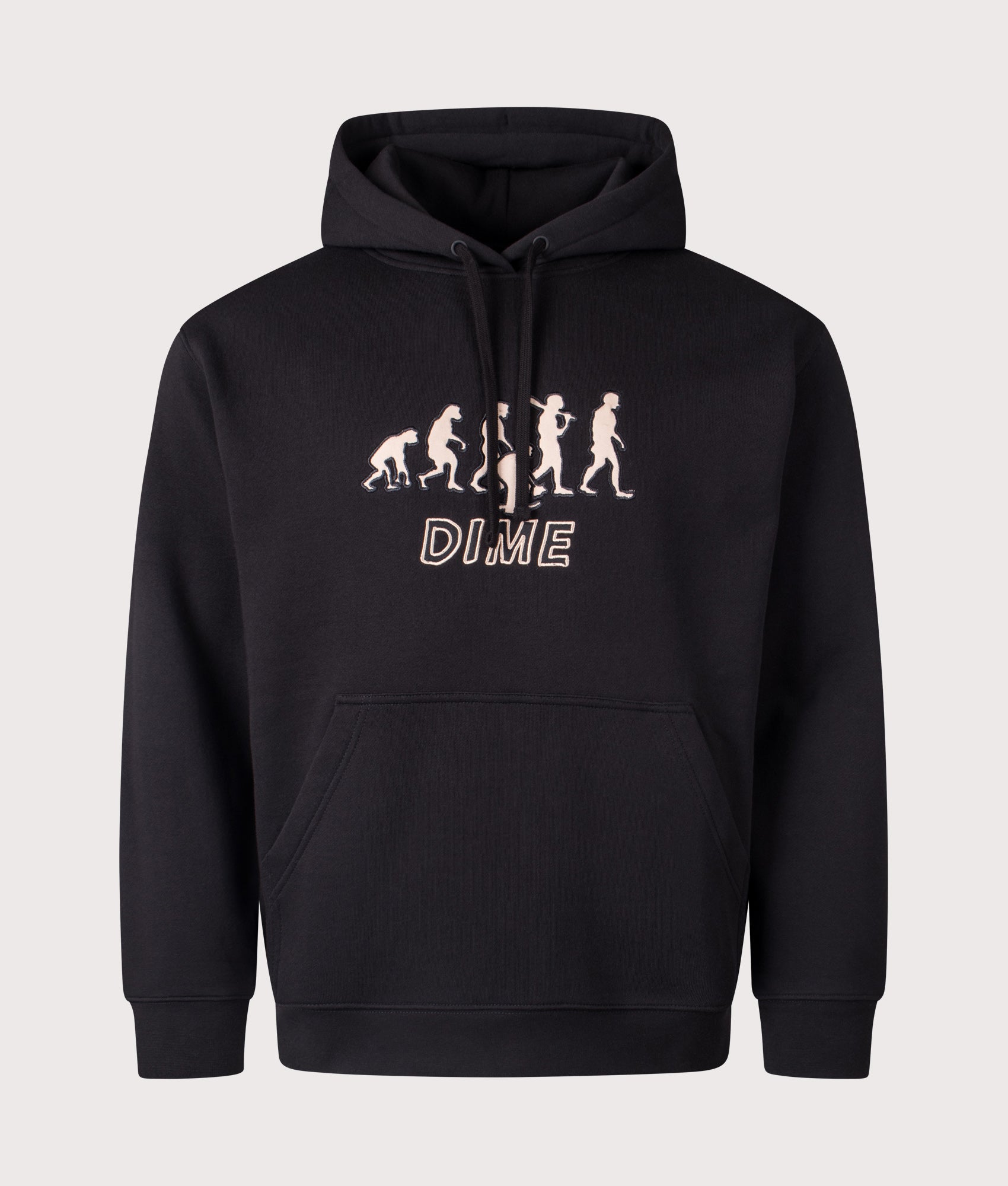 Evolution Hoodie in Black by Dime MTL at EQVVS. Front Angle Shot. 