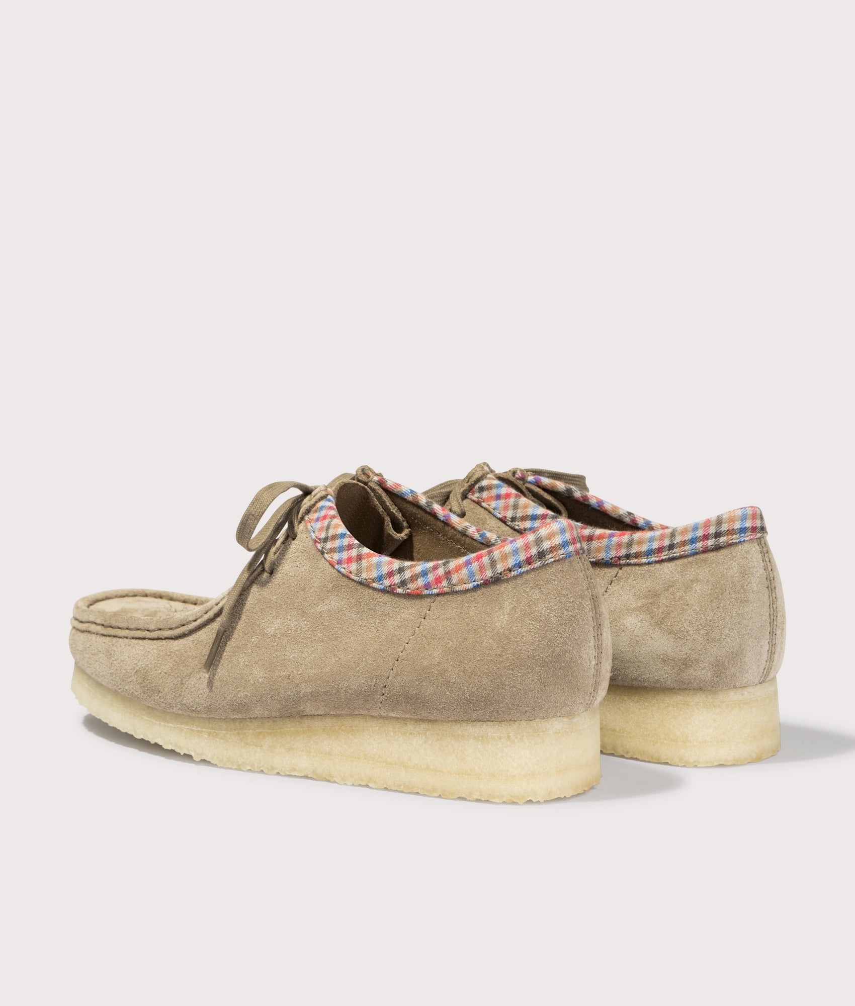 Wallabee Suede by Clarks in Taupe. Shot by EQVVS. Back shot