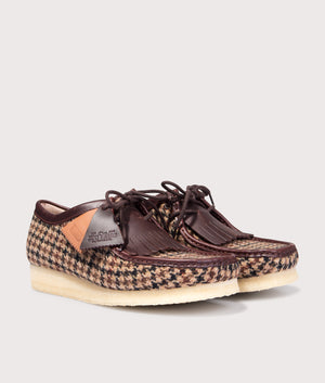 Wallabee by Clarks in Brown Tweed. Shot by EQVVS. Front detail shot.