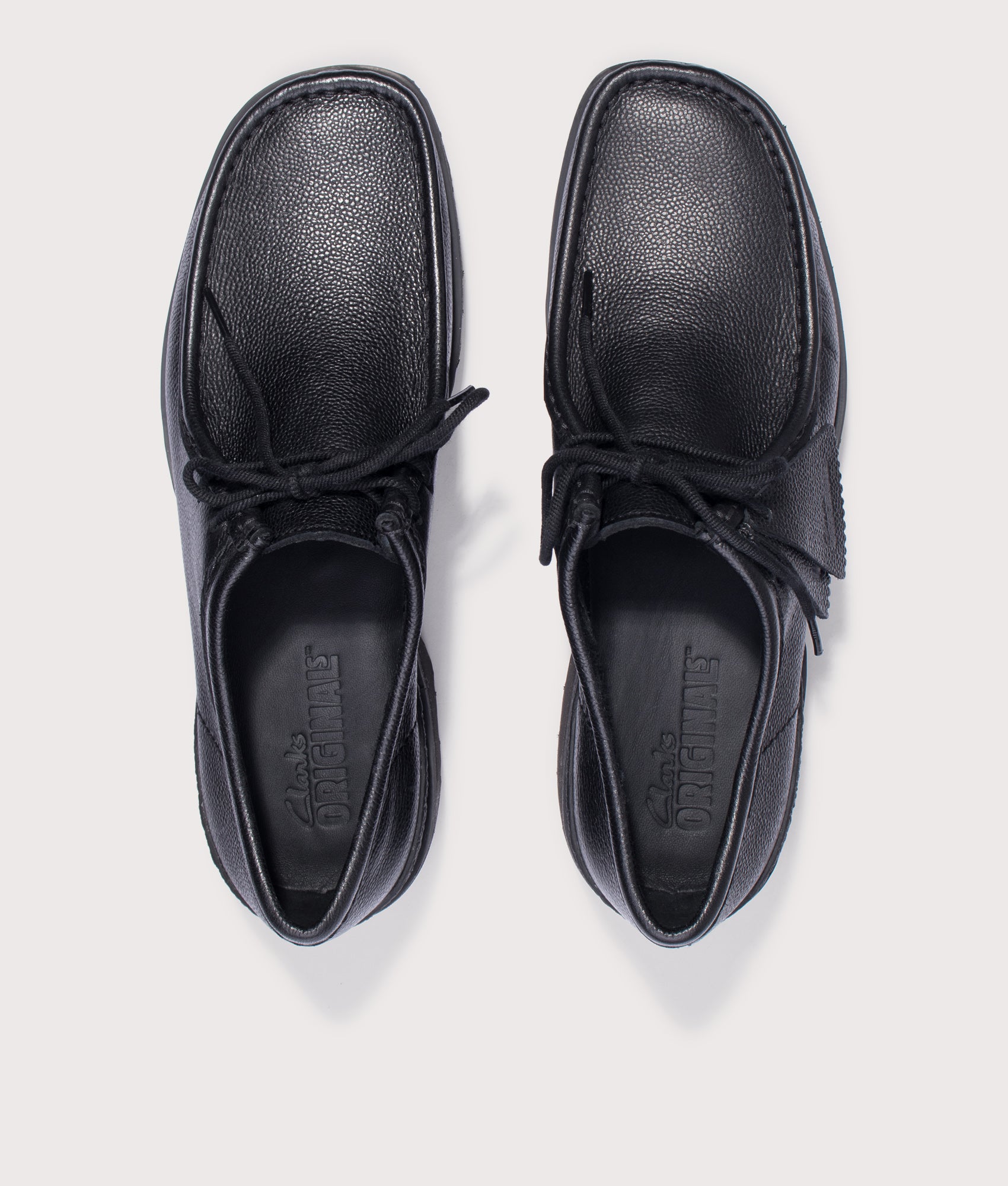 Clarks Originals Walla Yukoner Shoes in Black Scotch Grain at EQVVS Menswear. Above shot.