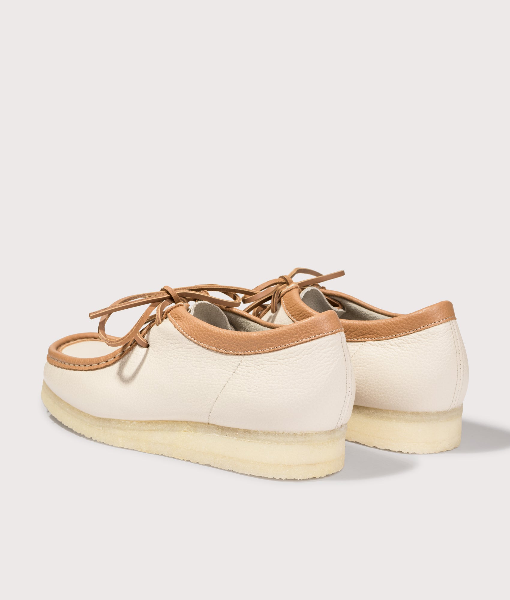 Clarks Originals Wallabee in White tumbled leather combi at EQVVS Menswear. Angled back shot.