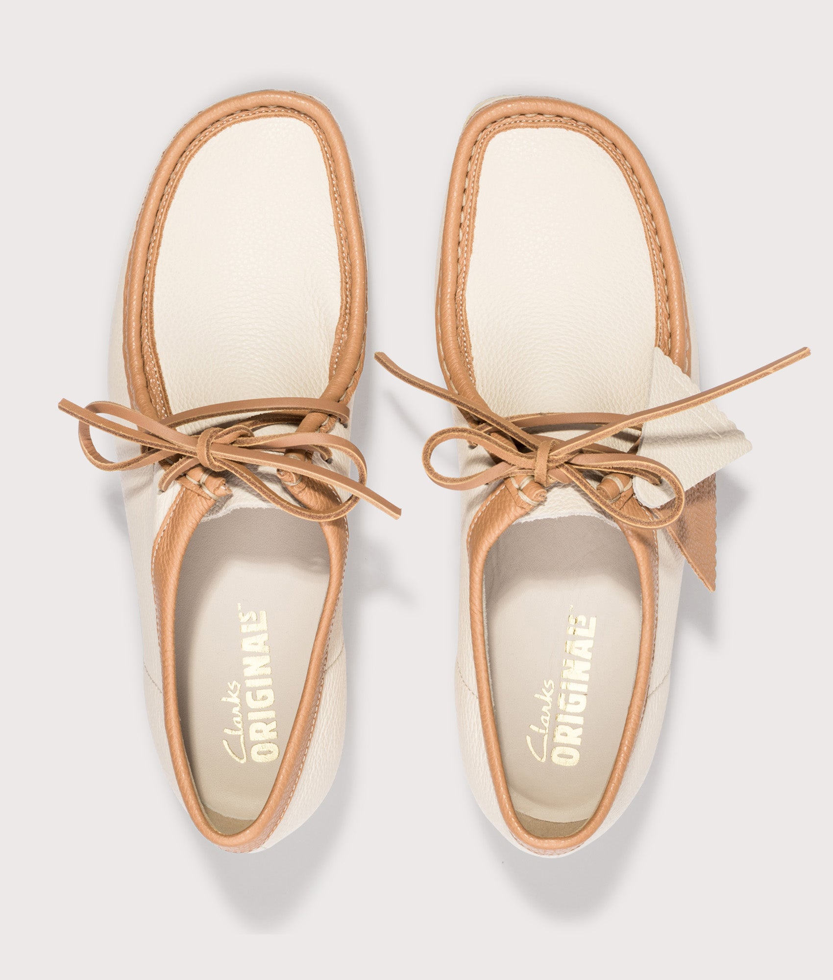 Clarks Originals Wallabee in White tumbled leather combi at EQVVS Menswear. Top shot.