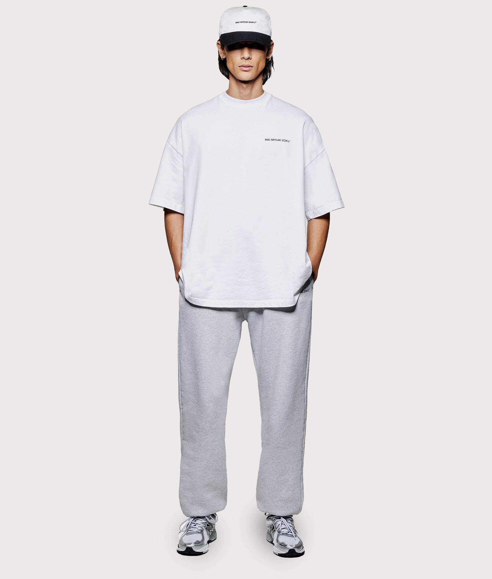 MKI MIYUKI ZOKU Oversized Uniform T-Shirt at EQVVS Menswear. Model front.