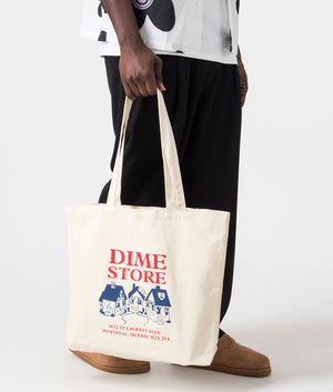 Skateshop Tote Bag in Off White by Dime MTL. EQVVS Front Angle Shot.