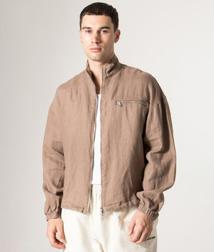 Linen Track Jacket in Mushroom. 100% Linen | MKI MIYUKI ZOKU | Shot at EQVVS | Front model shot 
