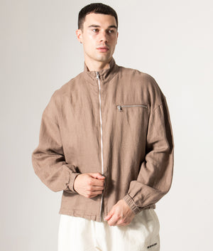 Linen Track Jacket in Mushroom. 100% Linen | MKI MIYUKI ZOKU | Shot at EQVVS | Front model shot 