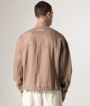 Linen Track Jacket in Mushroom. 100% Linen | MKI MIYUKI ZOKU | Shot at EQVVS | Back model shot 