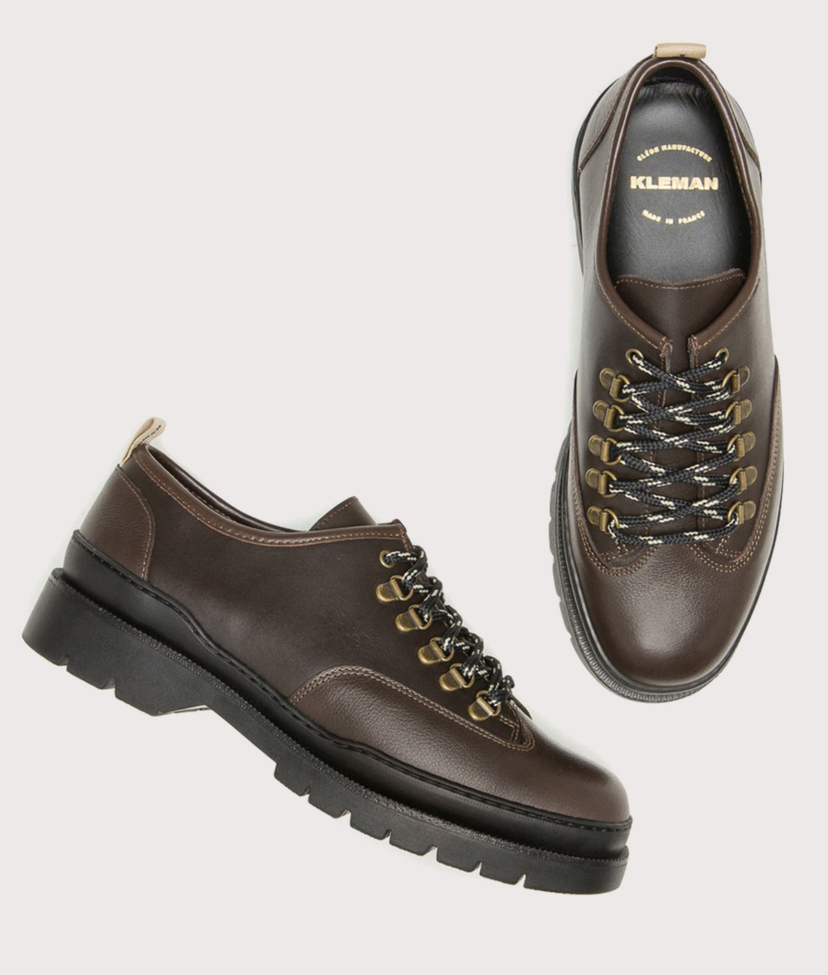 KLEMAN Courrier CG Derbies in Brown at EQVVS Menswear. Top shot.