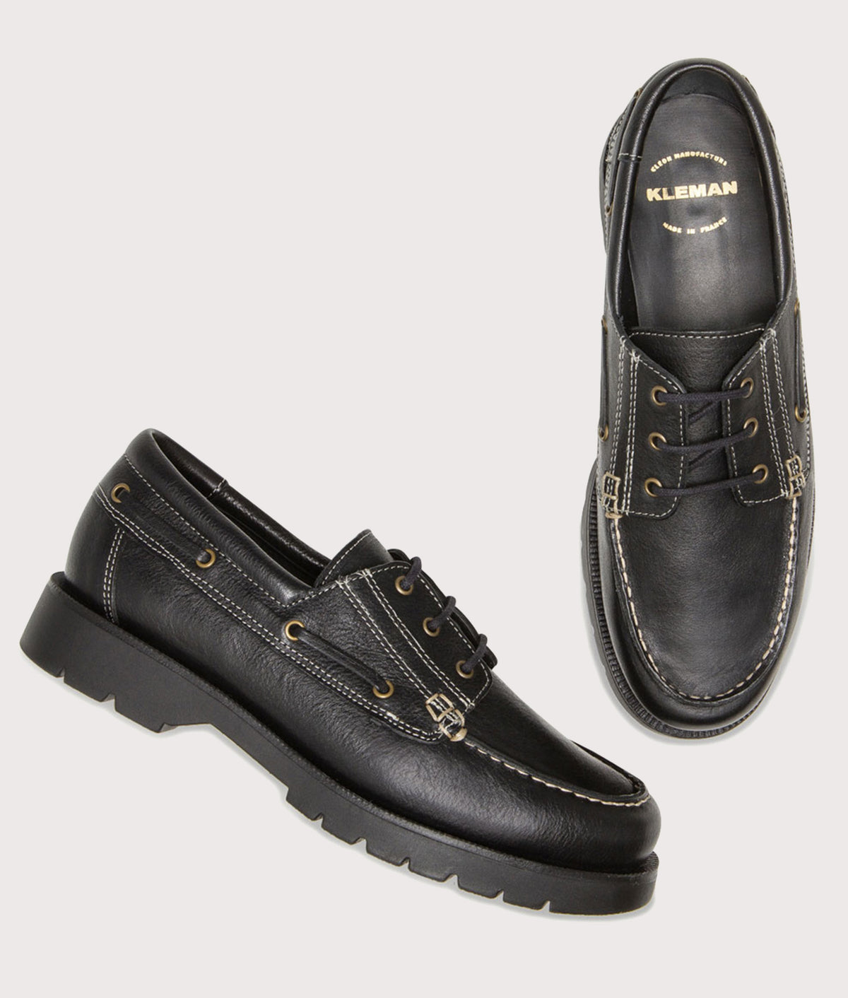 KLEMAN Embruns Oak Loafers in Black at EQVVS Menswear. Top shot.