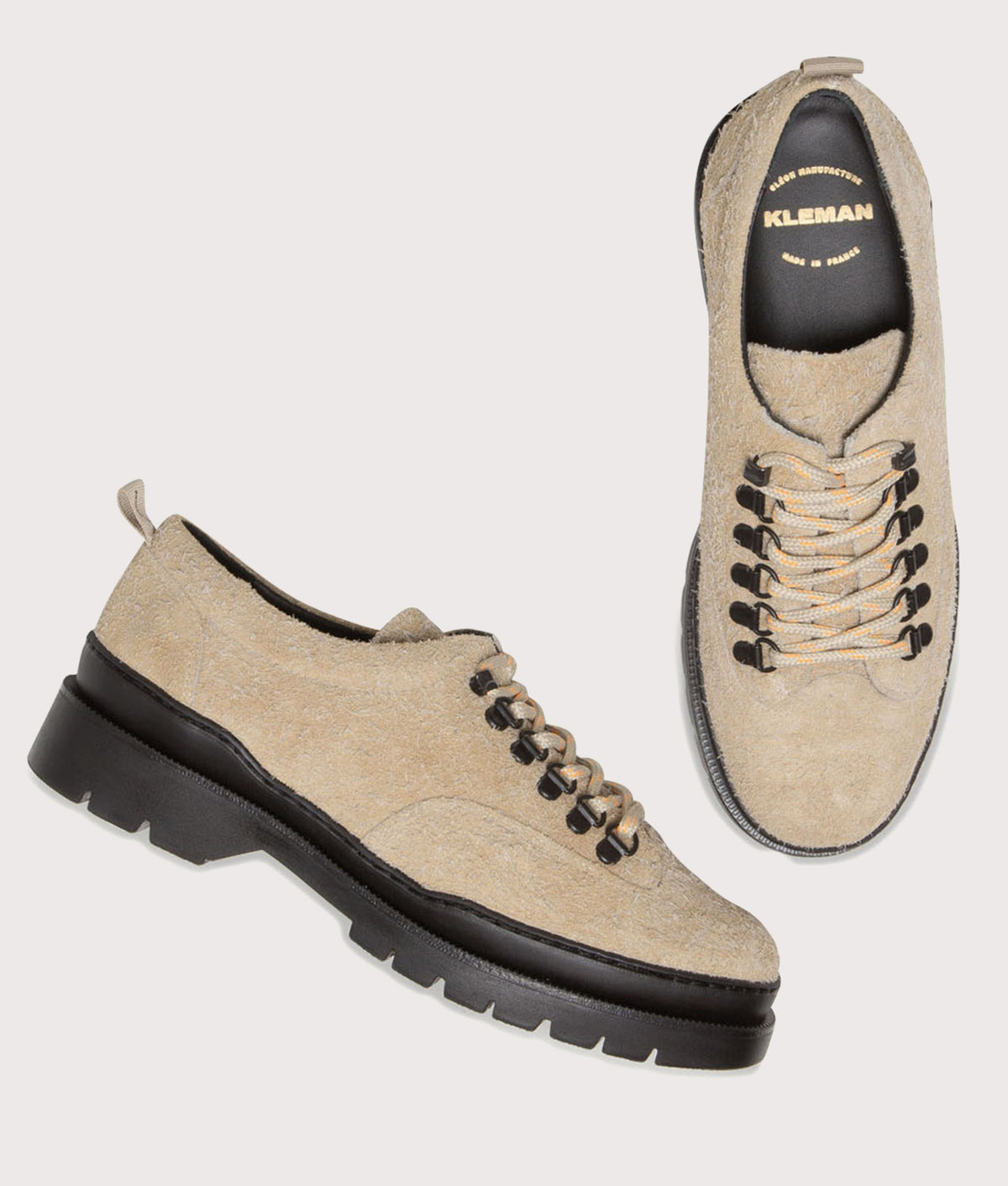 KLEMAN Courrier 2 Fur Derbies in Powdered Sand at EQVVS Menswear. Top shot.