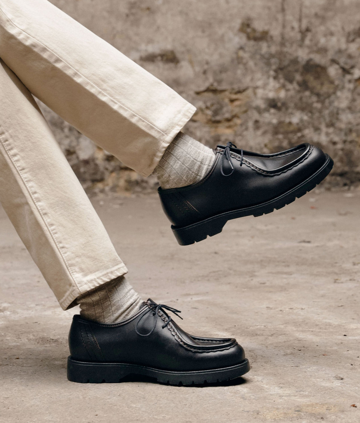 KLEMAN Padror Shoes in Black at EQVVS Menswear. Campaign shot.