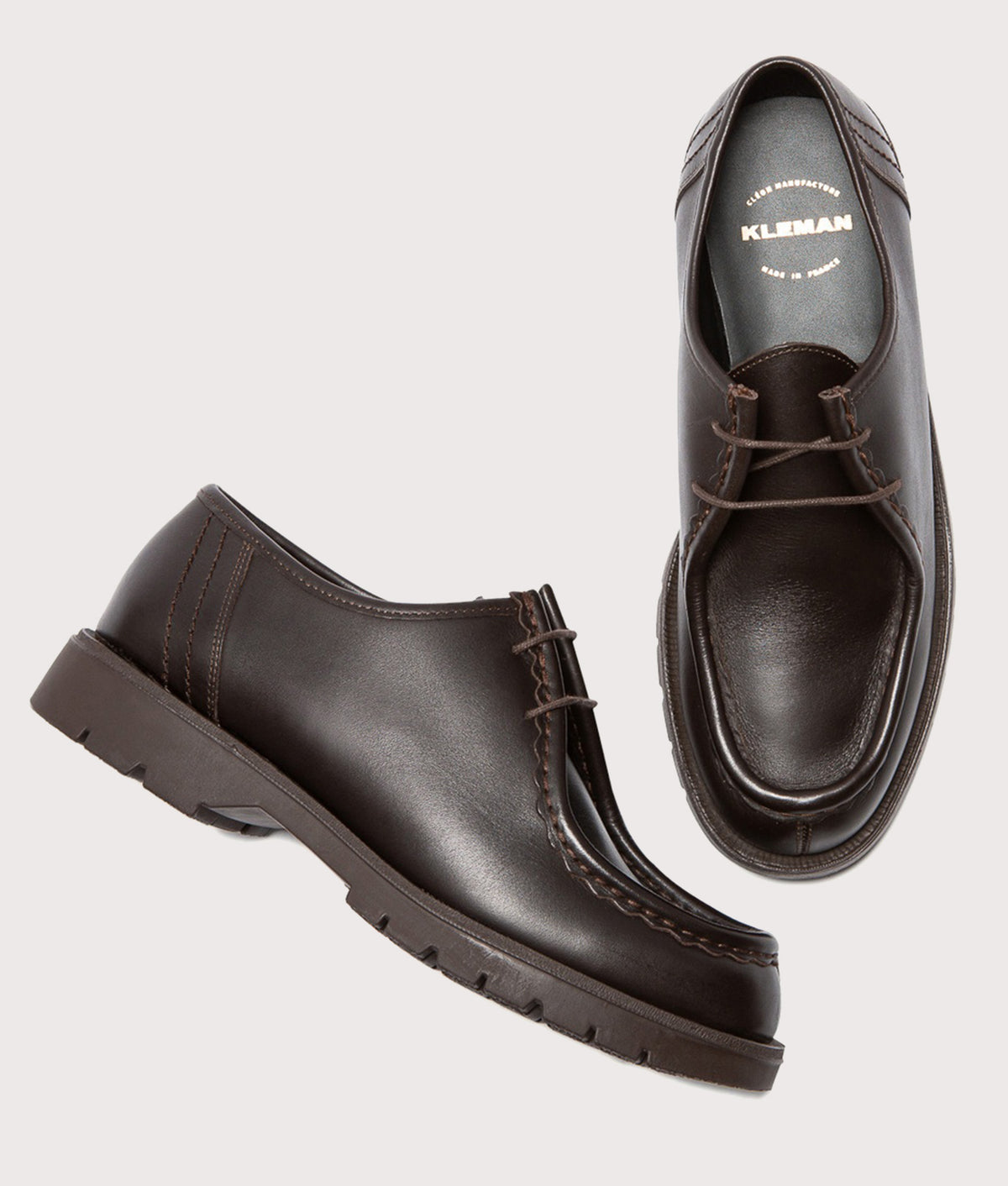 KLEMAN Padror Shoes in Brown at EQVVS Menswear. Top shot.