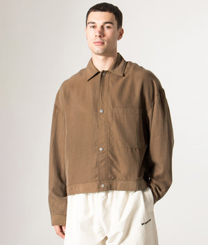 Sandwash Cupro Trucker Jacket in Brown | MKI MIYUKI ZOKU | Shot at EQVVS | Front model shot