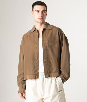 Sandwash Cupro Trucker Jacket in Brown | MKI MIYUKI ZOKU | Shot at EQVVS | Front model shot