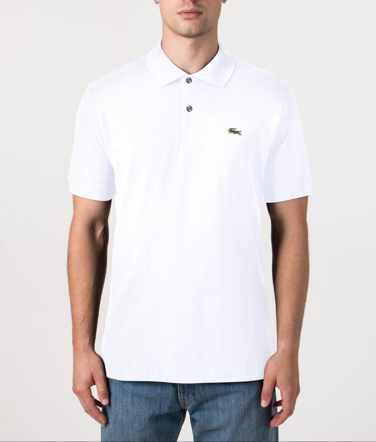 Lacoste L1212 Croc Polo Shirt White at EQVVS Menswear. Front model shot.