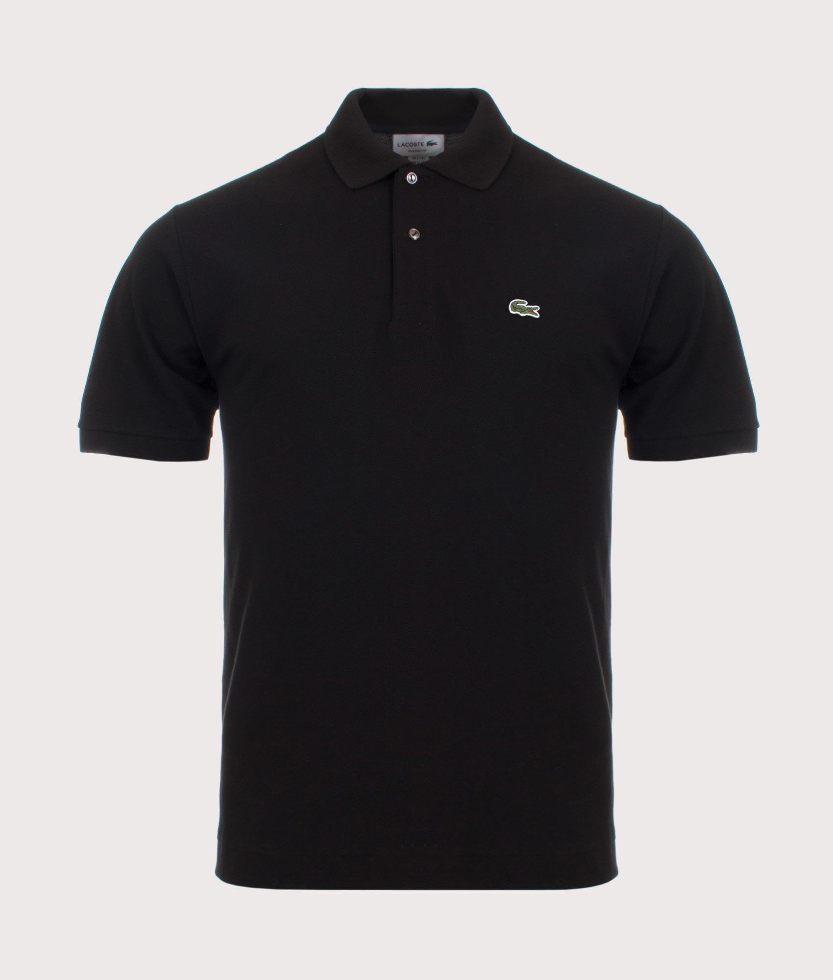 Lacoste Classic Fit L1212 Croc Logo Polo Shirt in Black at EQVVS Menswear. Front shot.