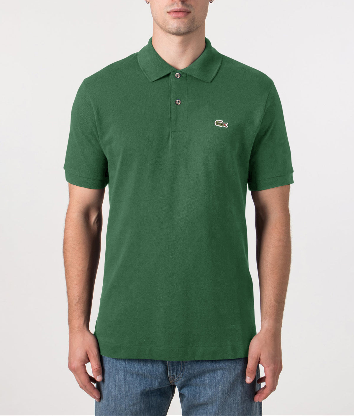 Lacoste L1212 Croc Polo Shirt White at EQVVS Menswear. Front model shot.