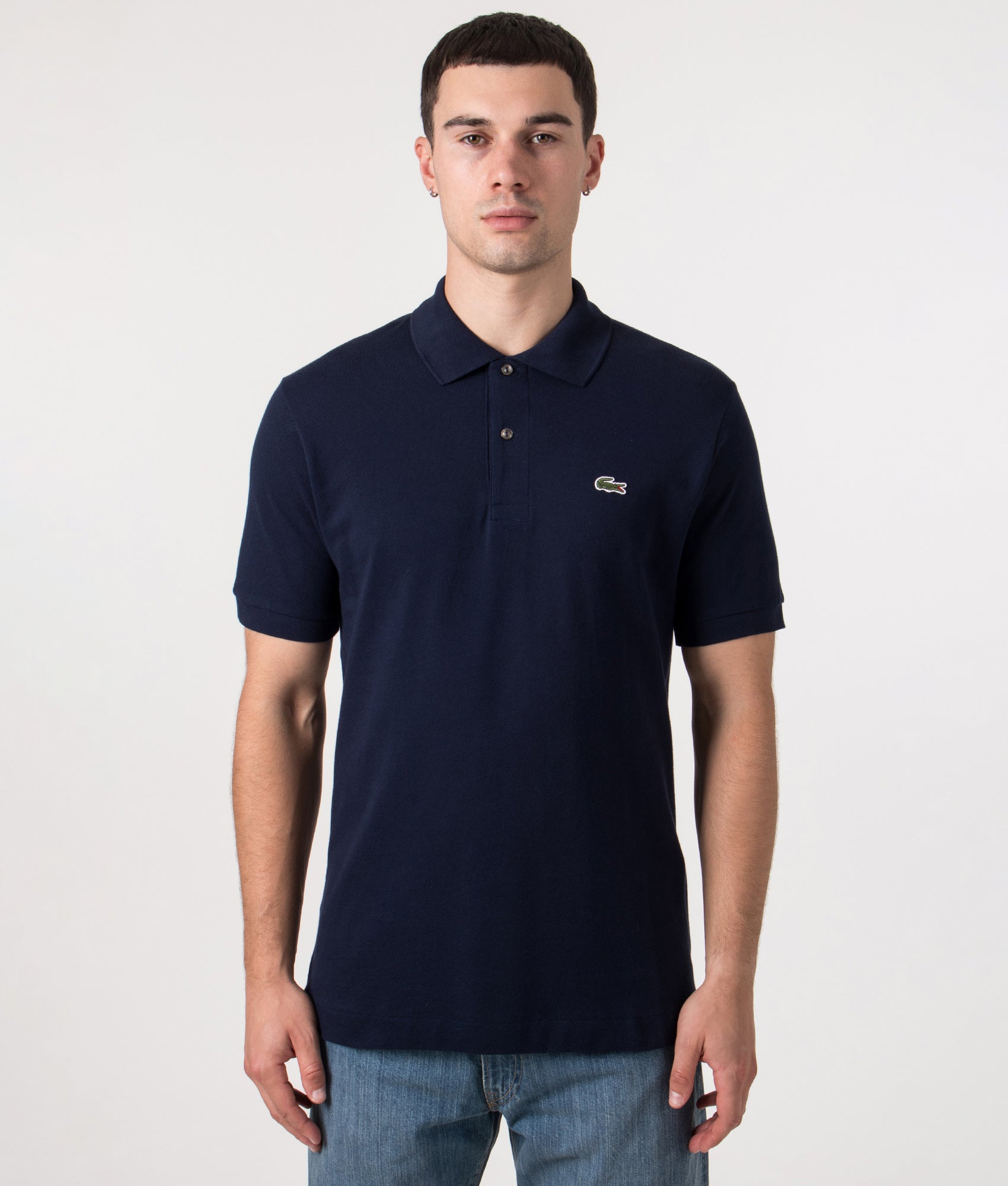 Classic Fit L1212 Croc Logo Polo Shirt in Navy. | Lacoste | Shot at EQVVS | Front model shot
