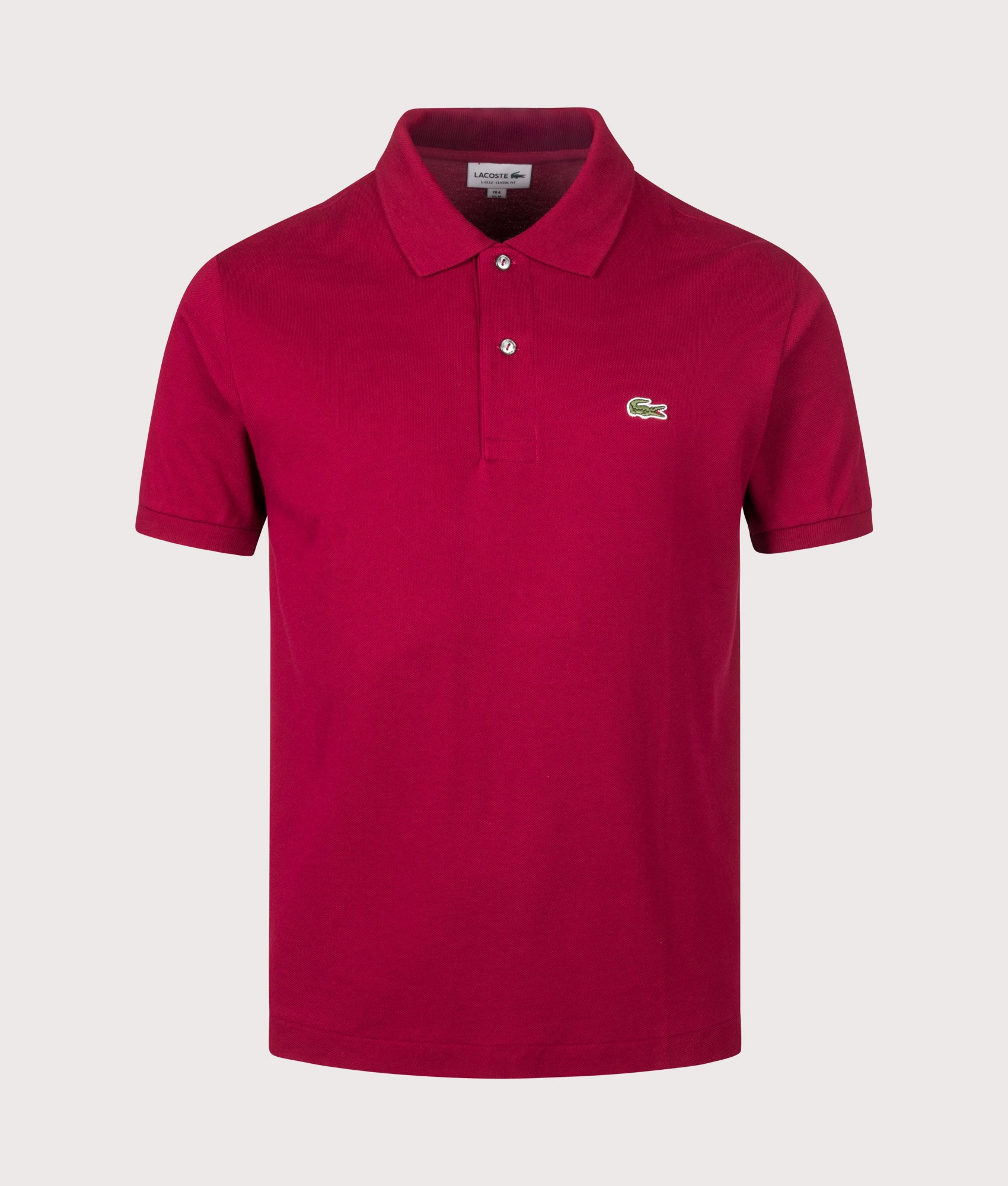 Lacoste Classic Fit L1212 Croc Logo Polo Shirt in Bordeaux at EQVVS Menswear. Front shot.