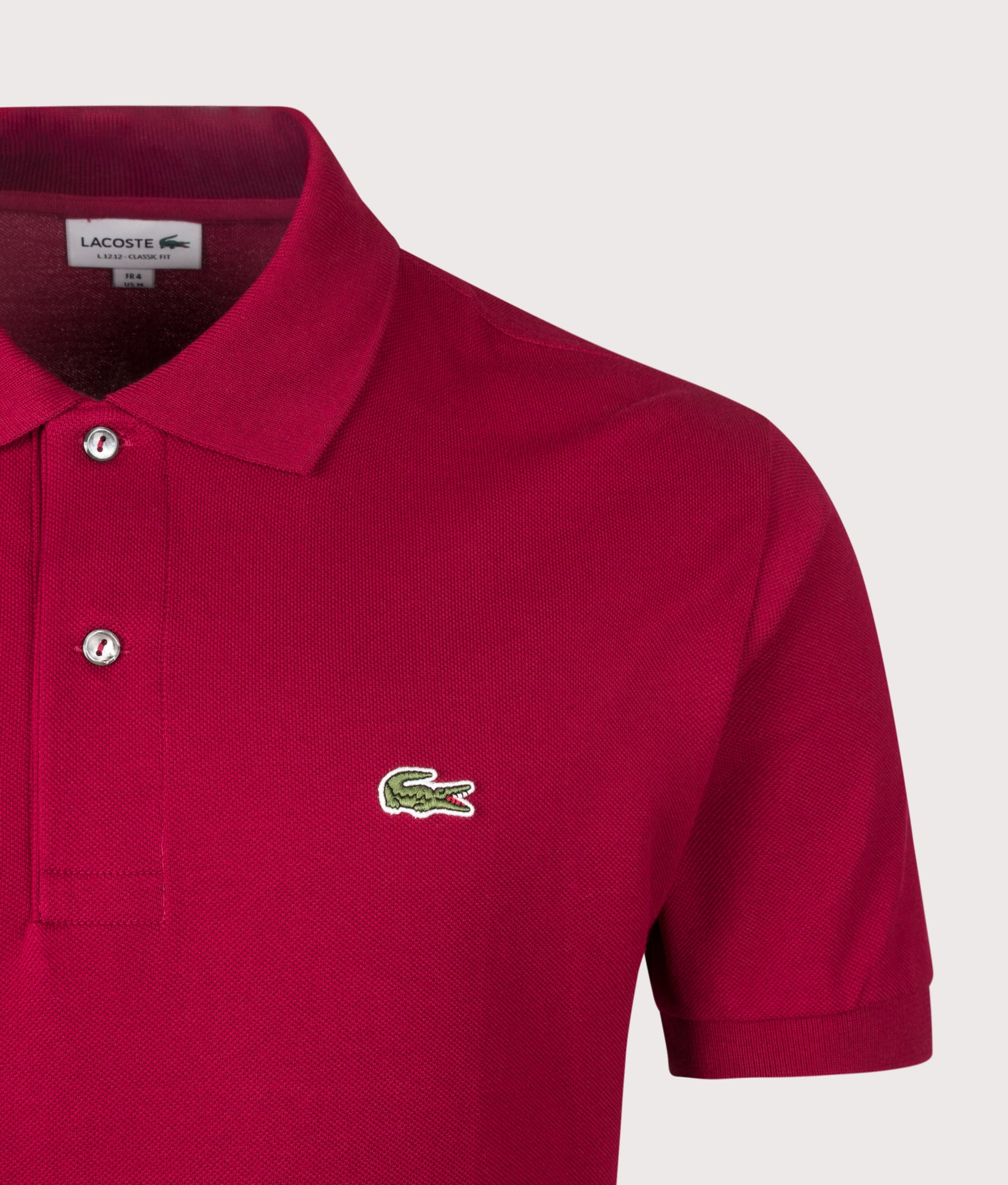 Lacoste Classic Fit L1212 Croc Logo Polo Shirt in Bordeaux at EQVVS Menswear. Detail shot.