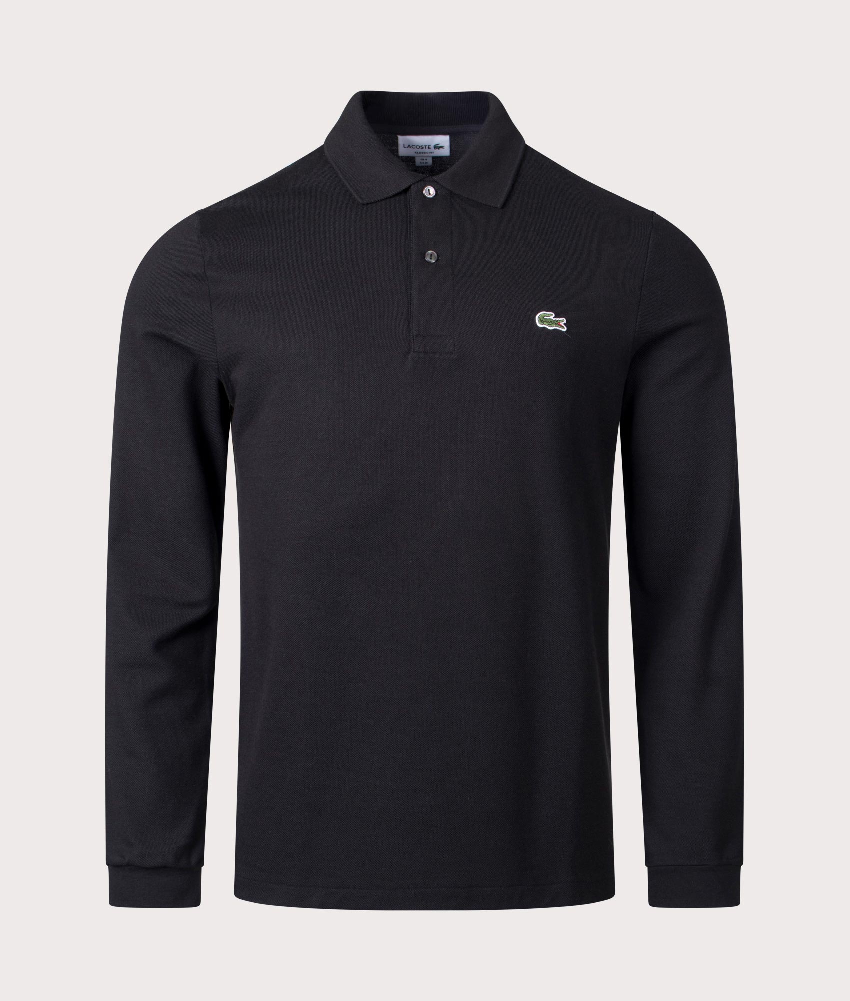Long Sleeve Croc Logo Polo Shirt in Black. | Lacoste | Shot at EQVVS | Front shot