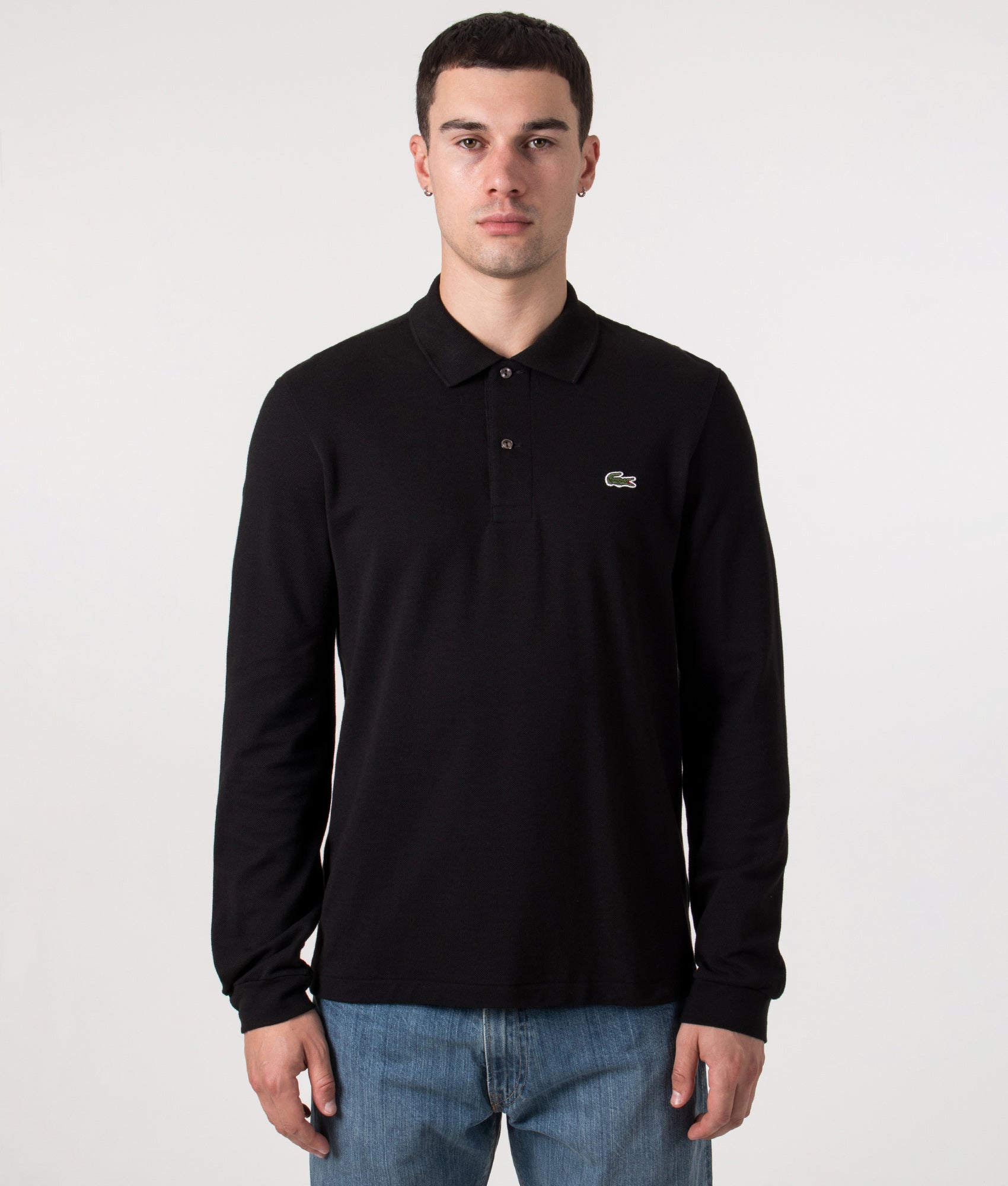 Long Sleeve Croc Logo Polo Shirt in Black. | Lacoste | Shot at EQVVS | Front model shot
