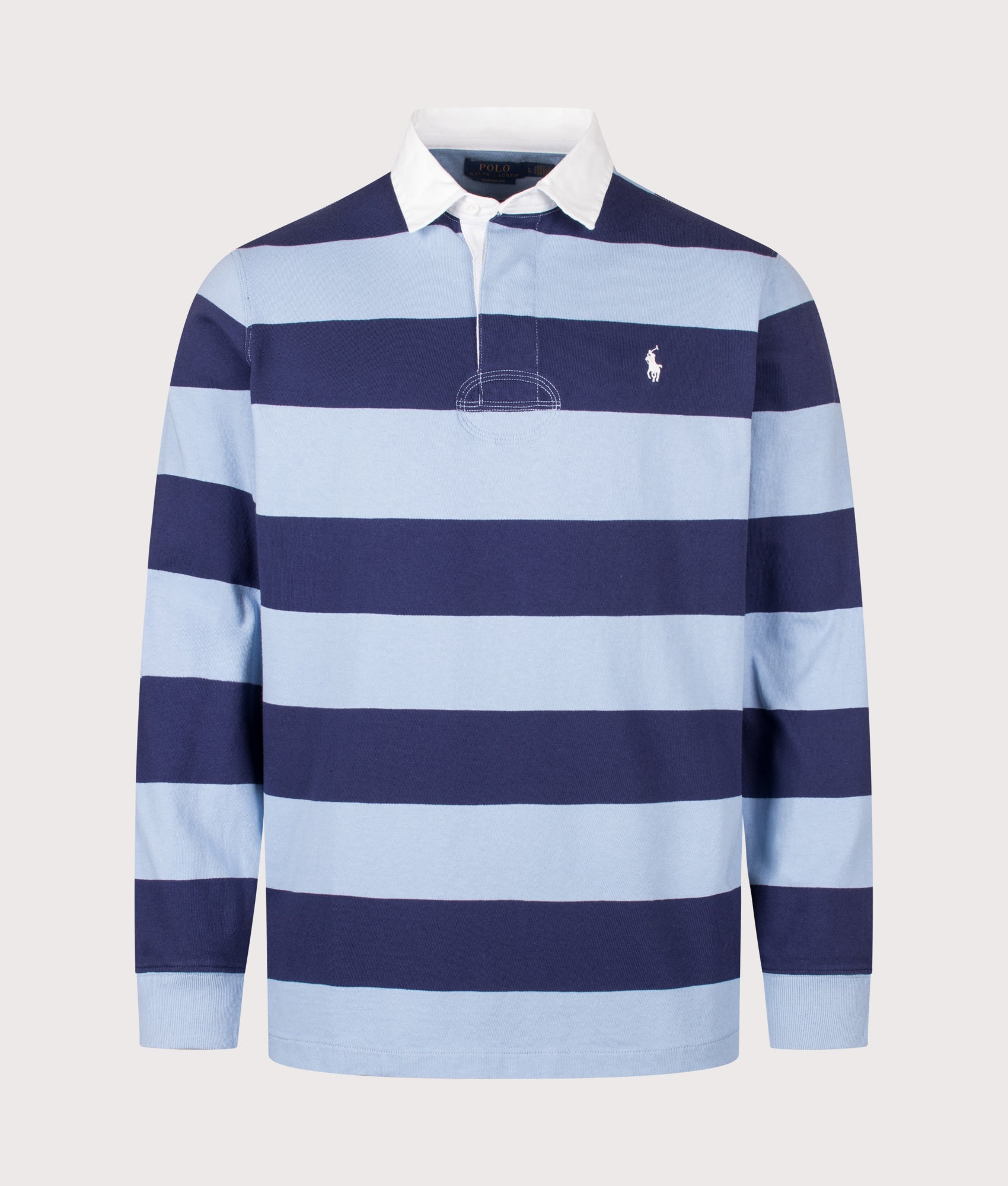 Polo Ralph Lauren Classic Fit The Iconic Striped Rugby Shirt in Chambray Blue and Balthus Navy at EQVVS Menswear. Front shot.