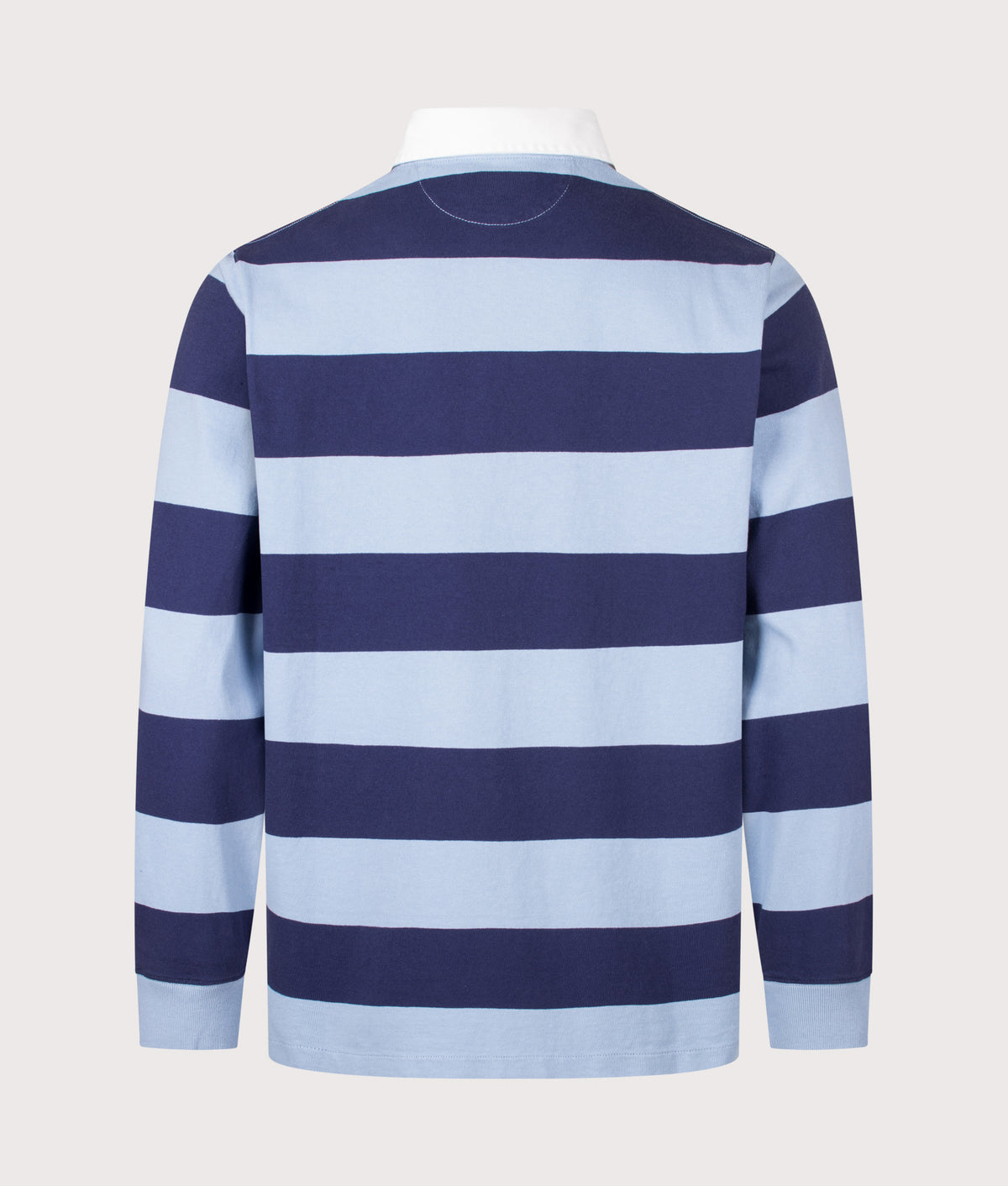 Polo Ralph Lauren Classic Fit The Iconic Striped Rugby Shirt in Chambray Blue and Balthus Navy at EQVVS Menswear. Back shot.
