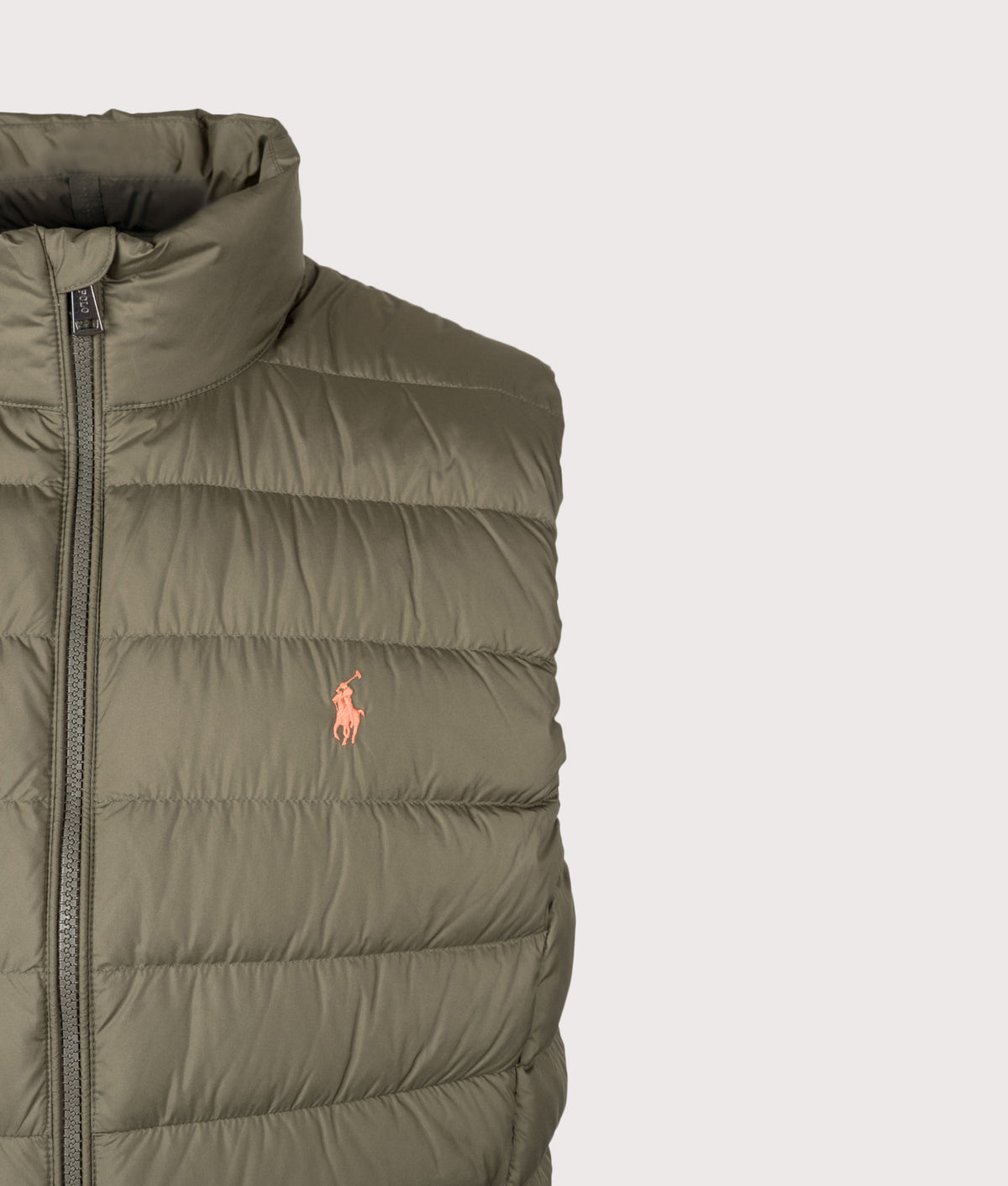 Polo Ralph Lauren The Colden Packable Down Vest in Cruise Olive at EQVVS Menswear. Detail shot.