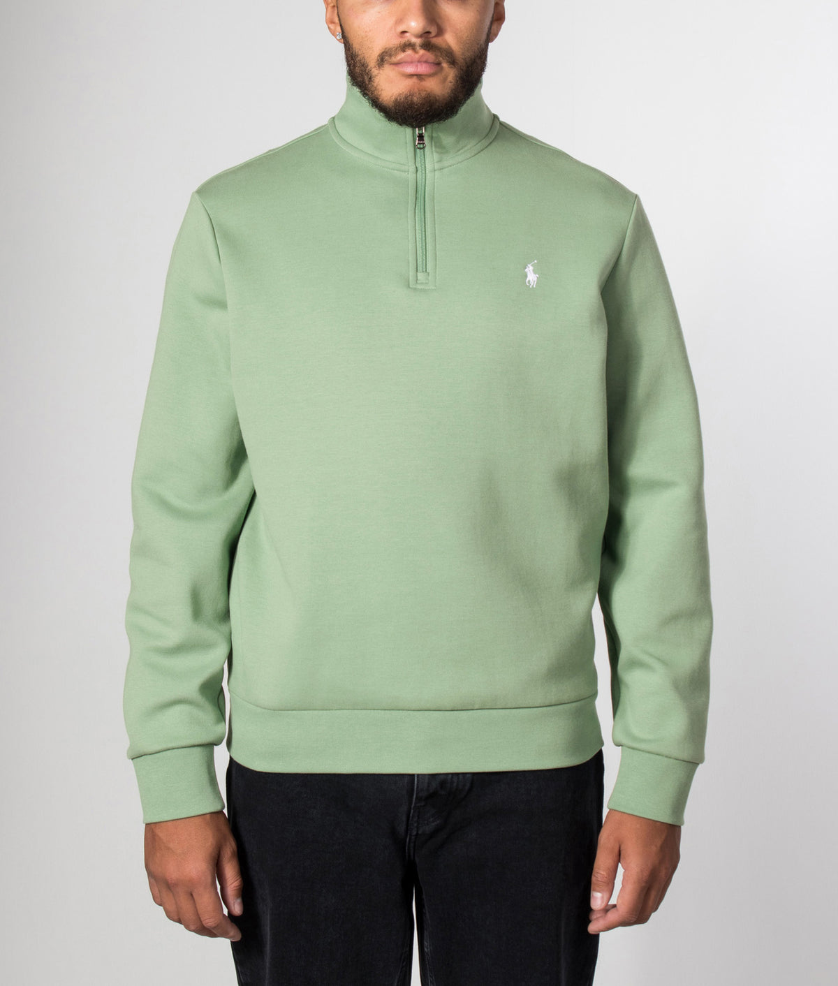 Polo Ralph Lauren Double-Knit Quarter Zip Sweatshirt in Outback Green at EQVVS Menswear. Model front shot.