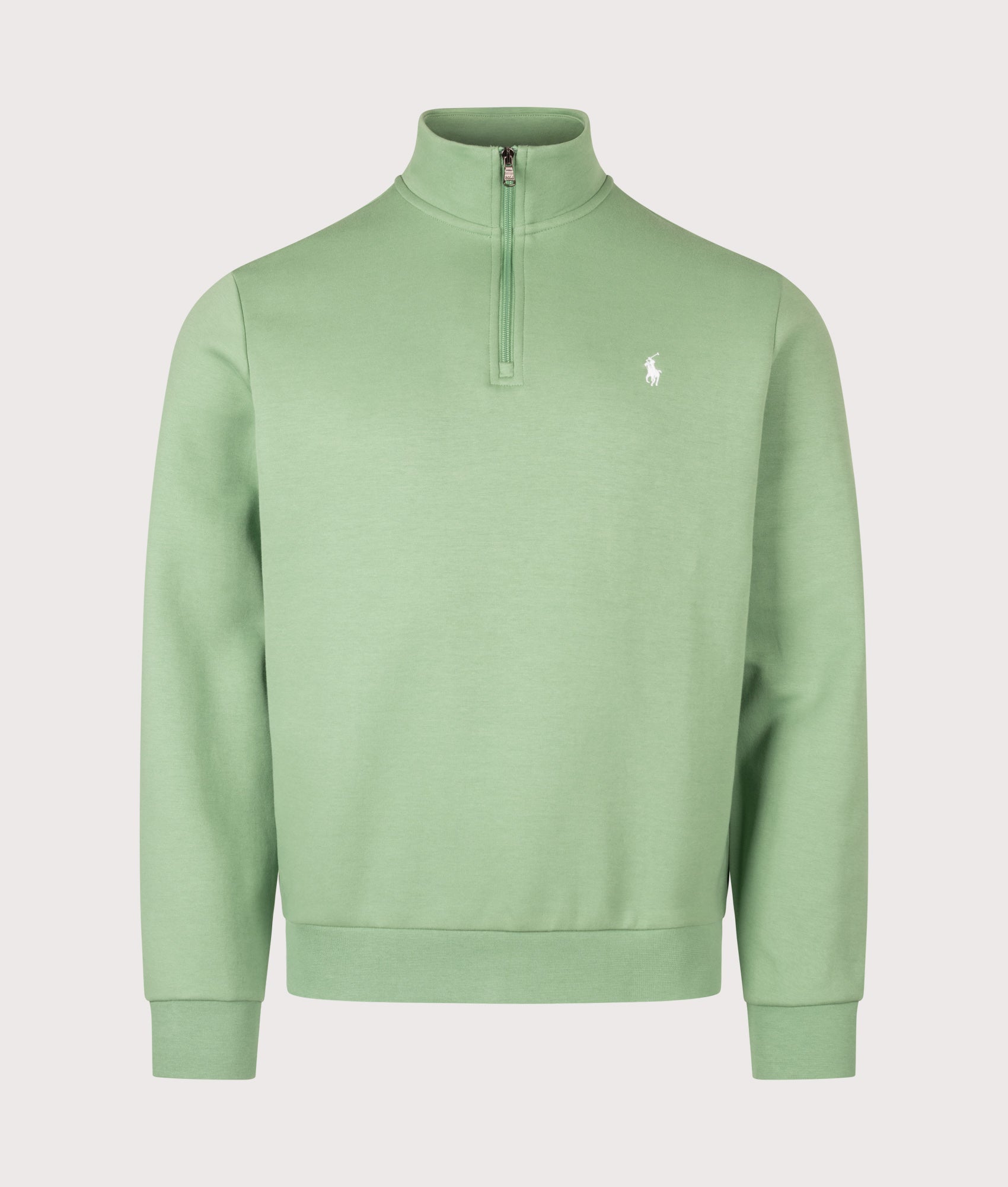 Polo Ralph Lauren Double-Knit Quarter Zip Sweatshirt in Outback Green at EQVVS Menswear. Front shot.