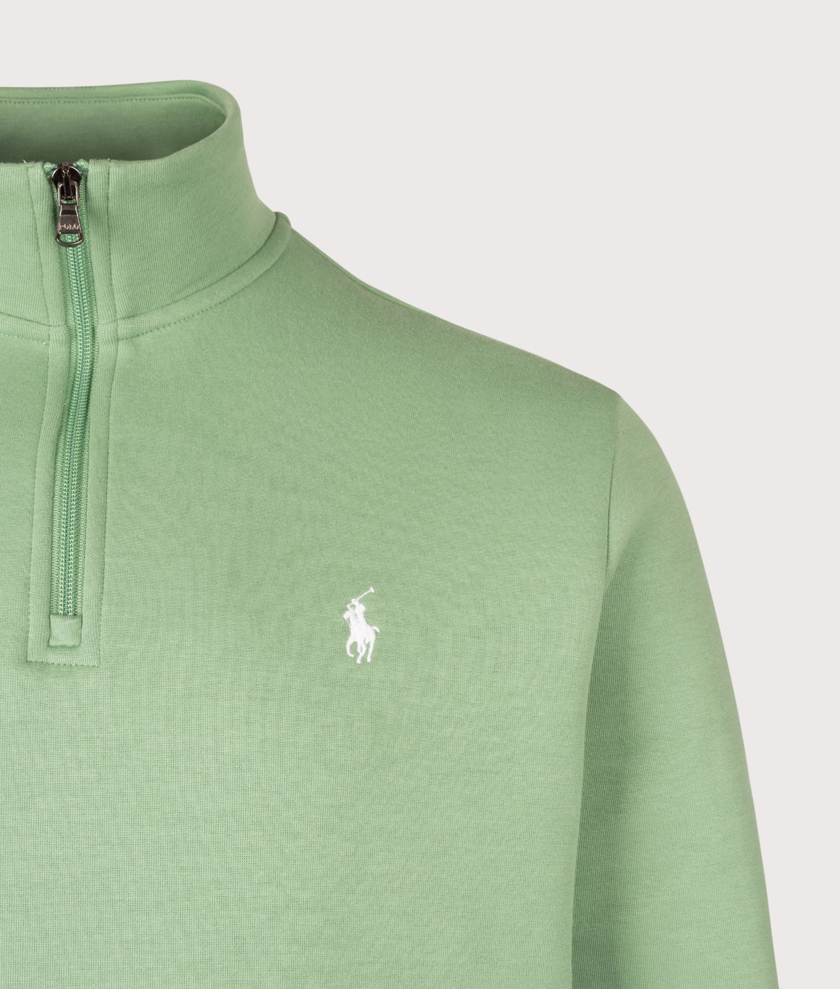 Polo Ralph Lauren Double-Knit Quarter Zip Sweatshirt in Outback Green at EQVVS Menswear. Detail shot.